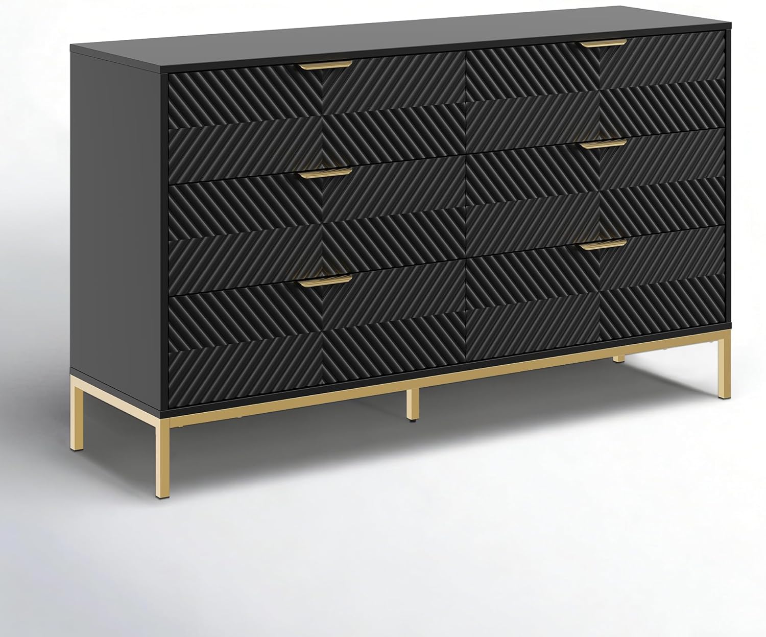 Black and Gold Dresser (54" Wide), 6 Drawer Chest of Drawers for Bedroom, Modern Fluted Wood Storage Cabinet, Textured Chevron Sideboard Buffet for Living Room & Hallway