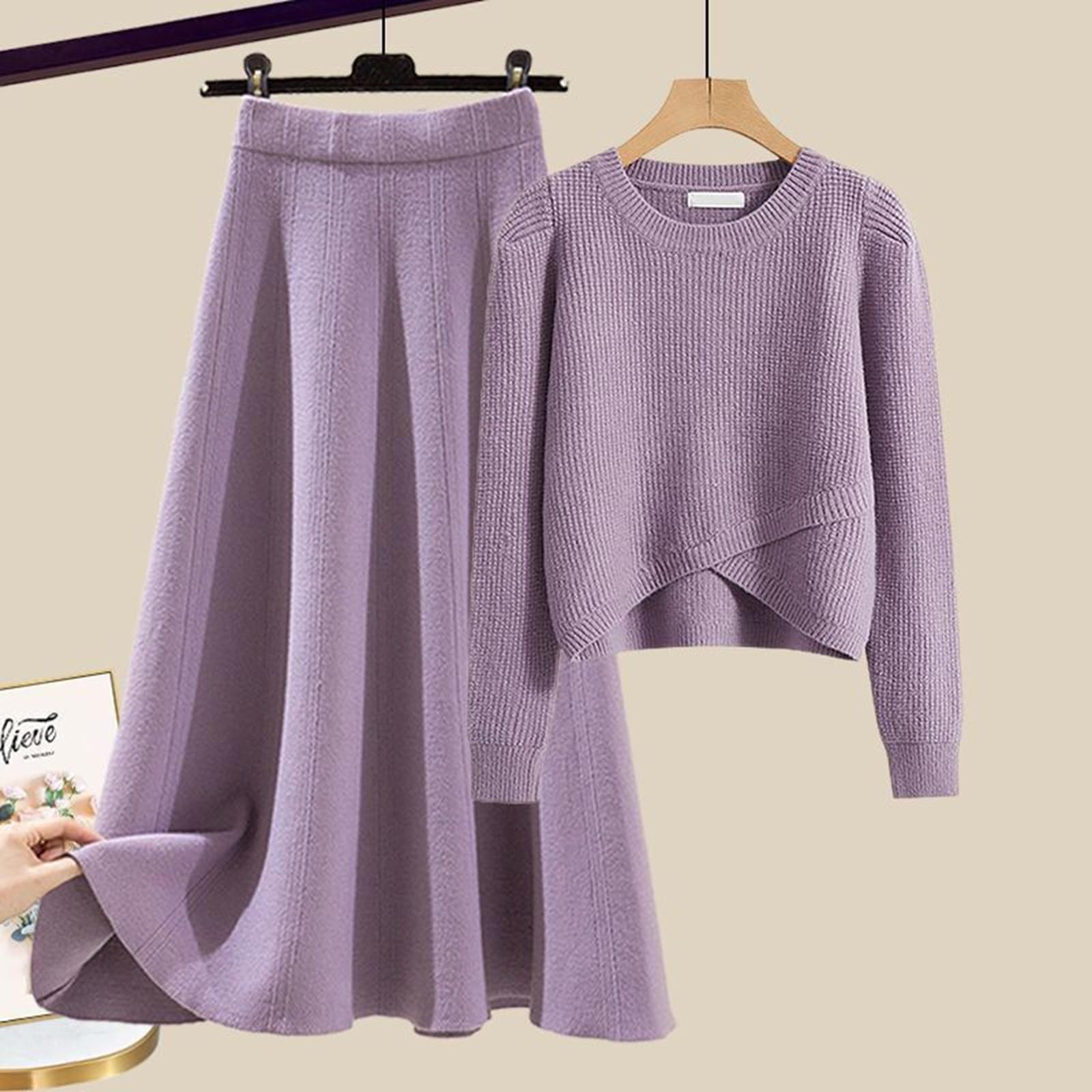 Damen Strickset bestehend aus Pullover und Rock | Zweiteiliges Set in A-Form | Stylisches Waffelstrick Outfit und passender Midirock