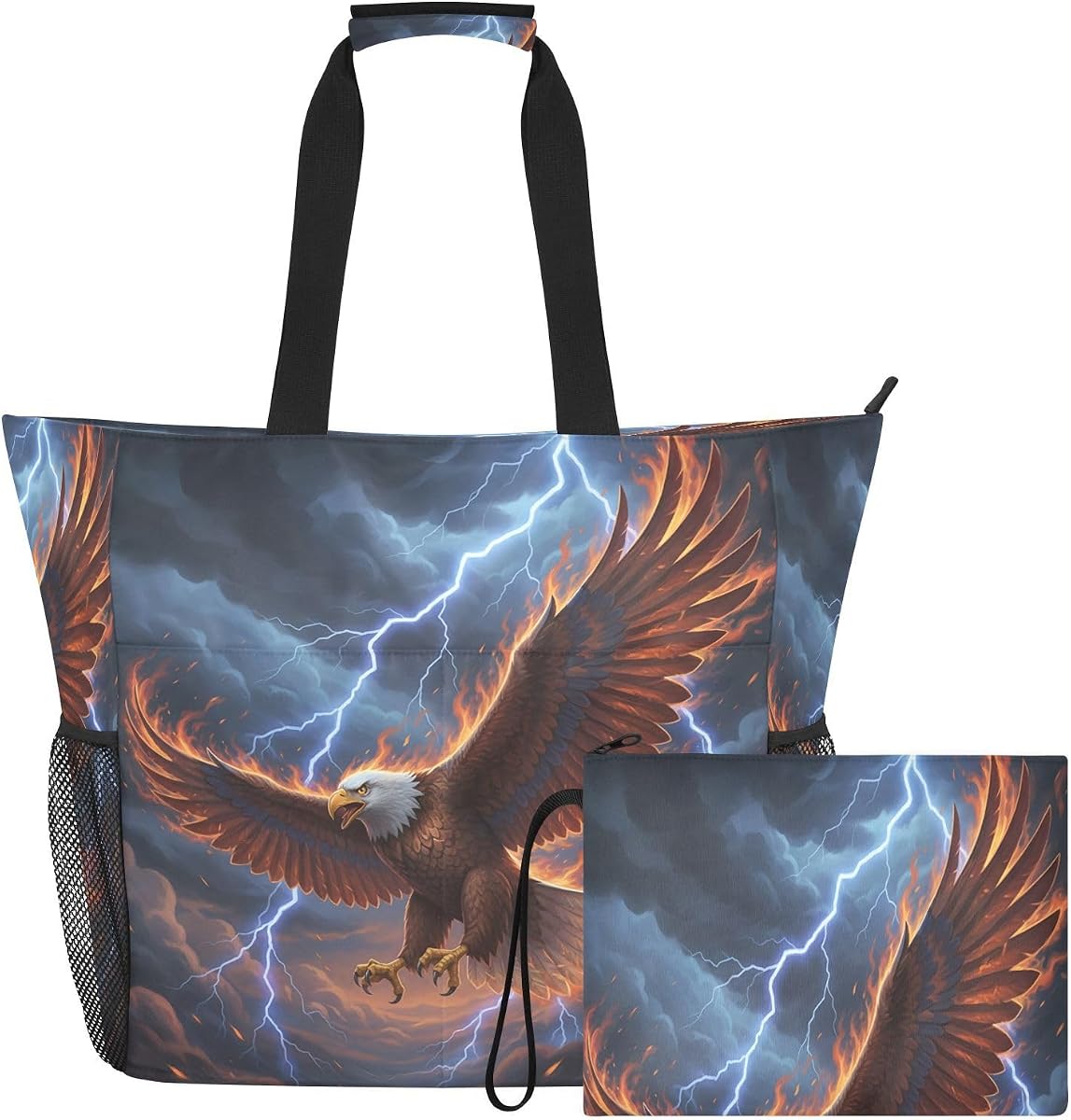Eagle Beach Tote Bag with Zipper Pouch, Large Waterproof Pool Bag for Travel, Gym, Shopping & Vacation