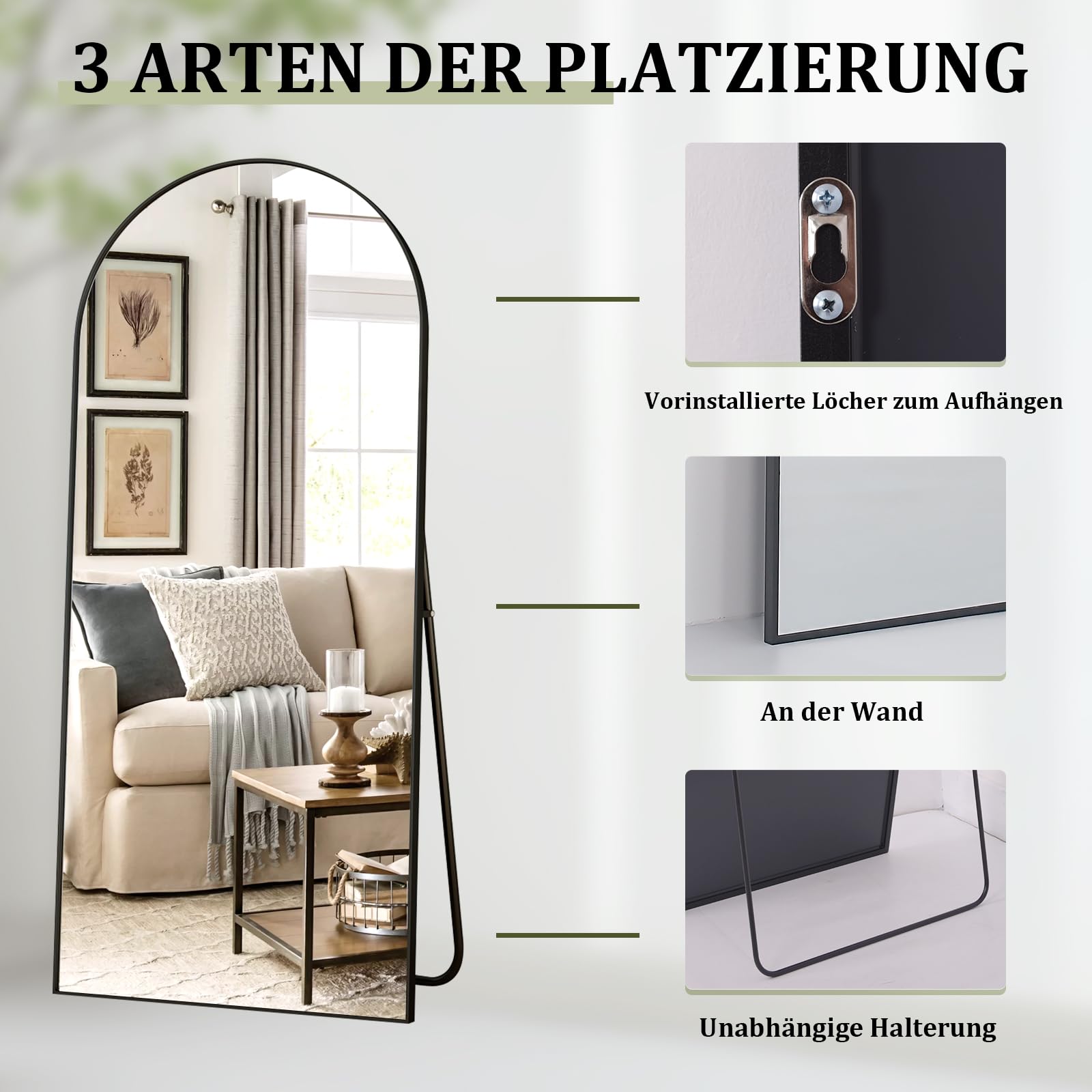 BEAUTYPEAK Miroir pleine longueur arqué 165 x 60 cm sur pied noir