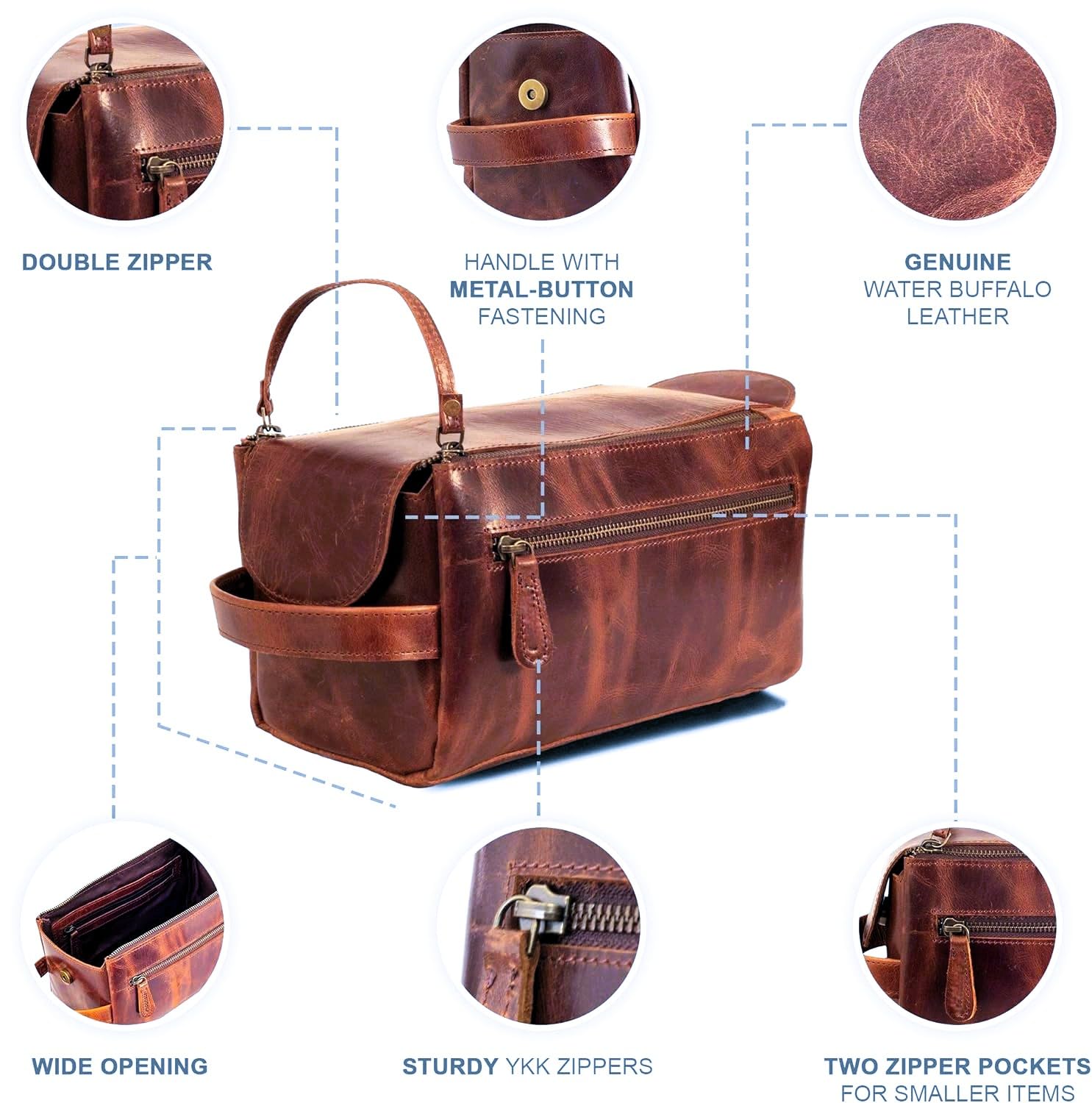 Neceser unisex de piel de búfalo de alta calidad, kit de viaje, kit de afeitado, accesorios de 3 artículos de cuero: estuche para cepillo de afeitar, estuche protector de viaje,