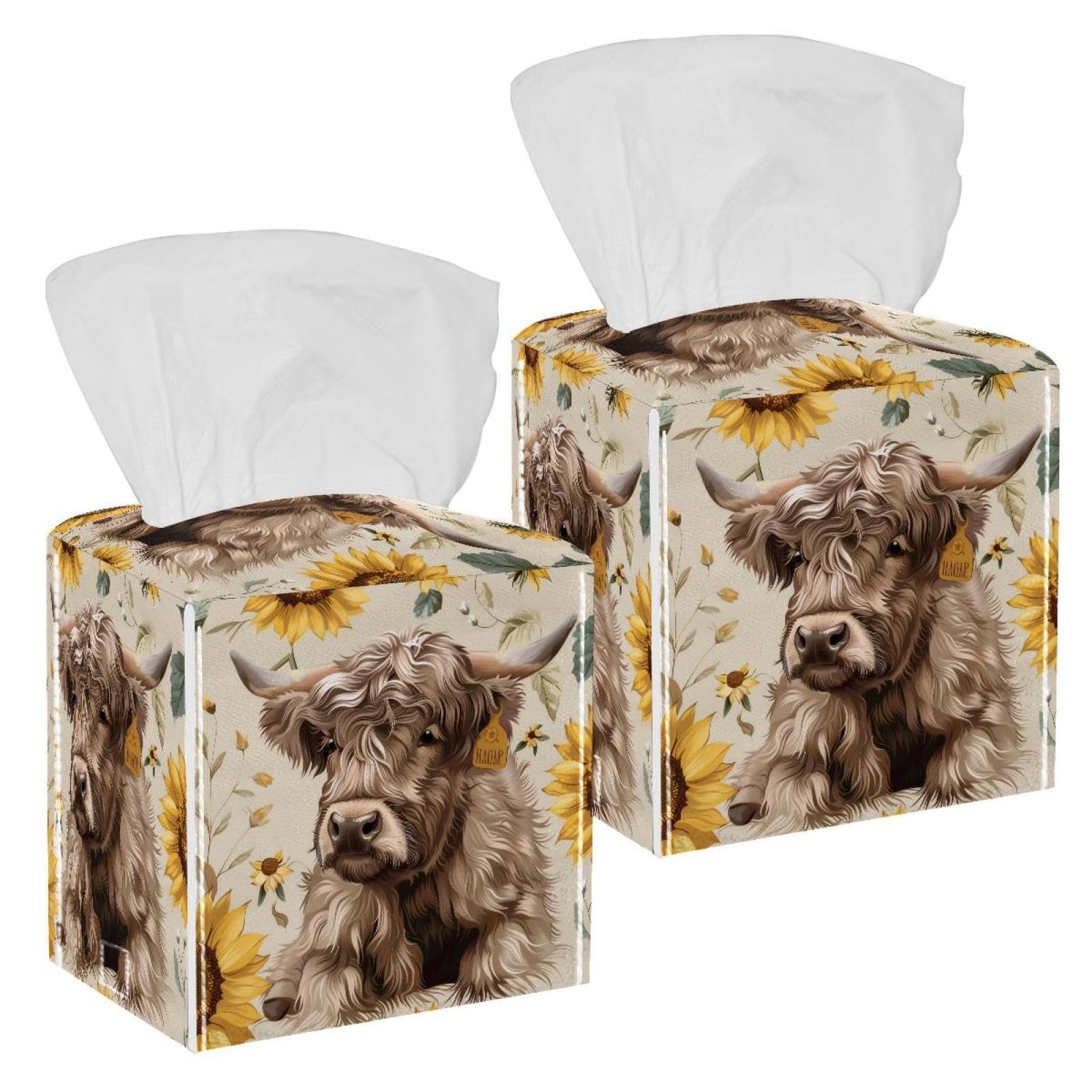 Cow Sunflower Tissue Box Cover, 2 Pack PU Leather Square Facial Tissue Dispenser Box holder for Home Office Car