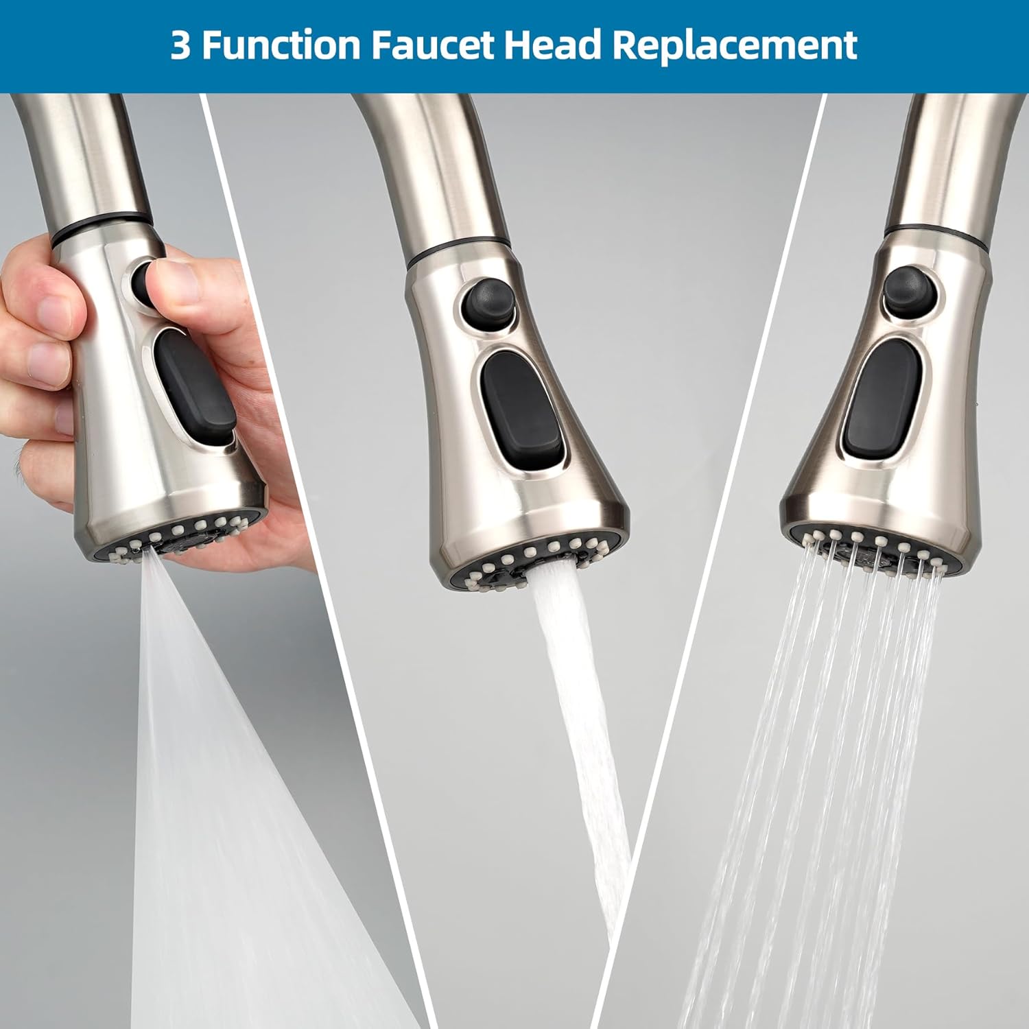 Universal Kitchen Faucet Head Replacement Compatible with Kohler/Moen/Delta Faucet with 15 Adapter Kit, 3 Function Pull Down Sink Faucet Spray Head, Brushed Nickel