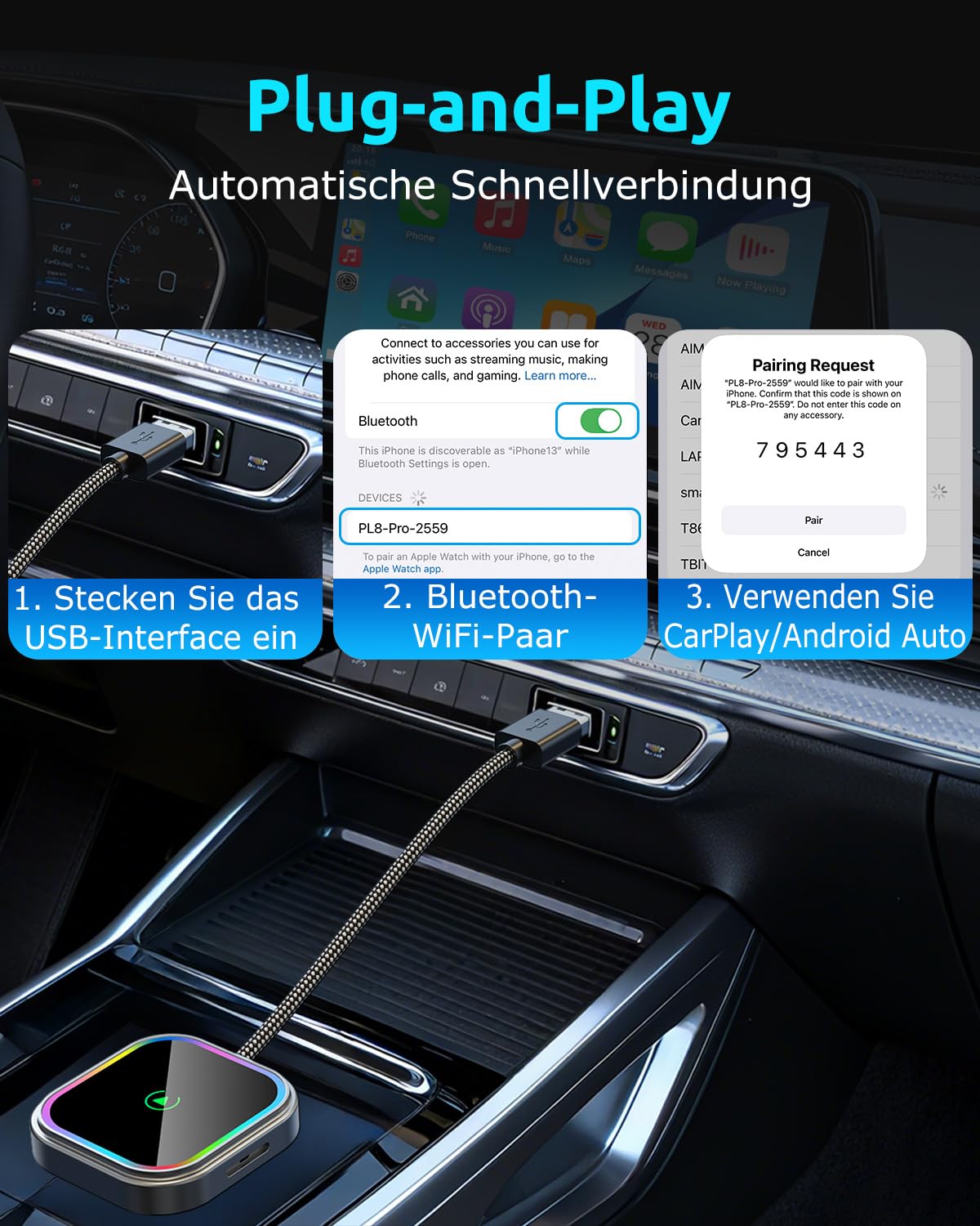 ESSGOO CarPlay Wireless Adapter für Apple,Android Auto Kabelloses Car Bluetooth WiFi Adapter USB C/A für iPhone iOS 10+,Android 11+,Plug und Play,Mini,Sprachgesteuerte Farbige RGB LED Leuchten