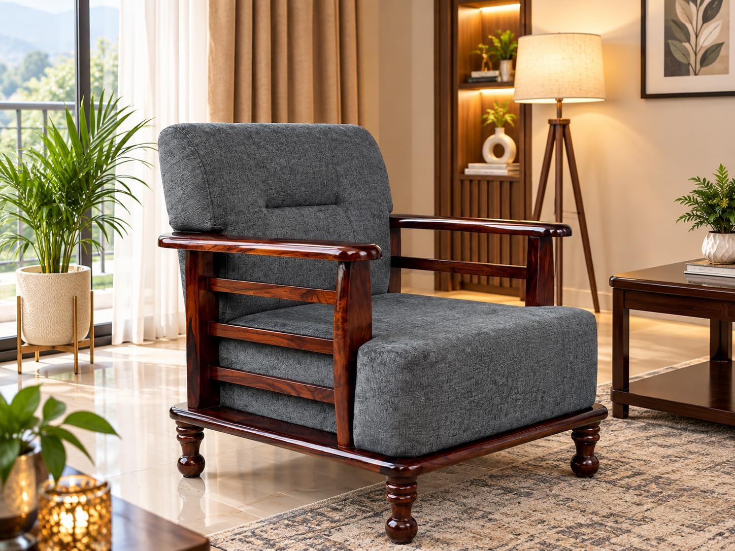 DaneWood - 1 Seater Sofa Arm Chair | Solid Sheesham Wood, Brown