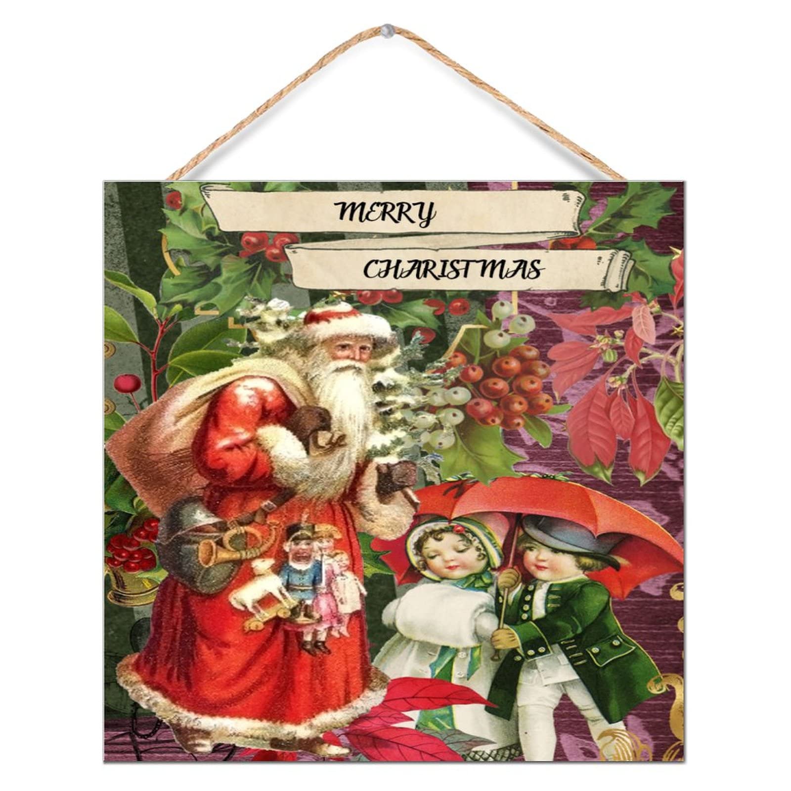 Décoration de la maison plaque en bois Old Time Santa panneau rétro 30cm