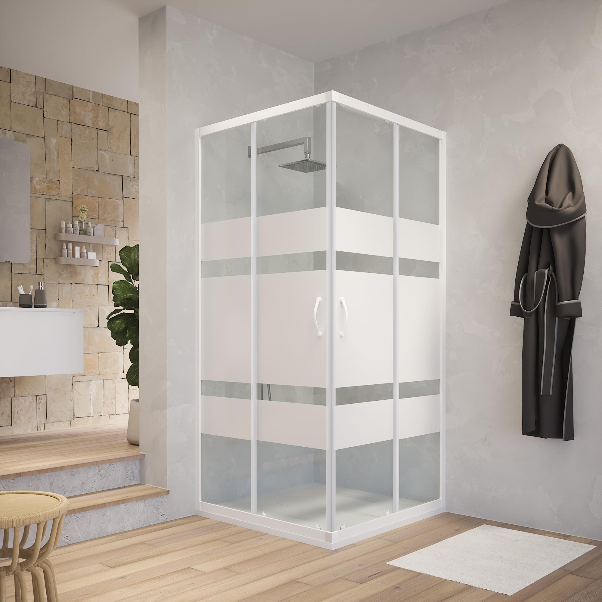 Box Doccia Angolare 75x75 cm Vetro Serigrafato 4 mm Profili Bianchi h185cm mod. Grenada
