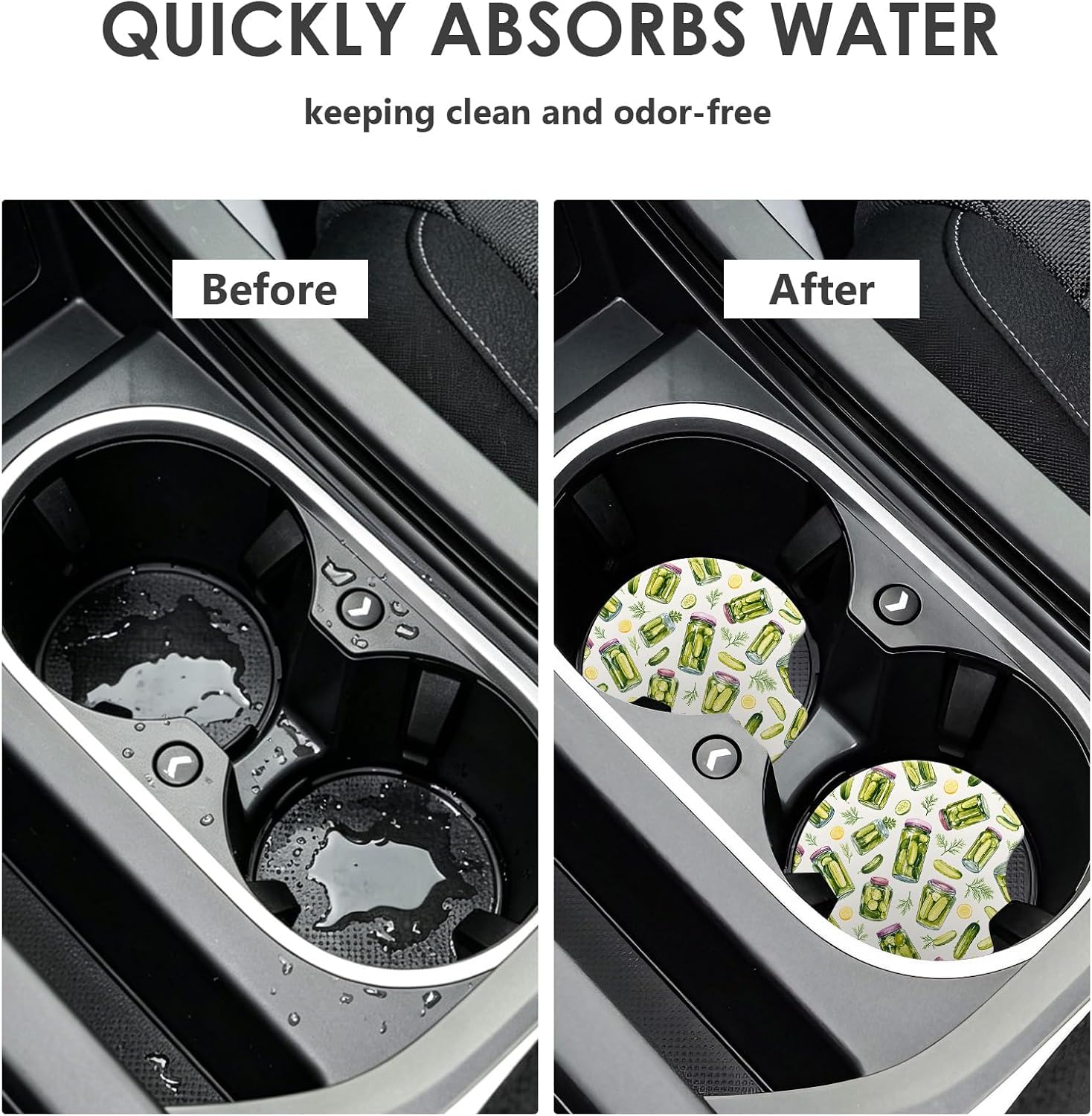 Car Coasters for Cup Holders，2.56" Anti Slip Rubber Mat with A Finger Notch, 2 Pack Car Cup Holder Coasters for Car Interior Accessories for Women Men Pickle Jar Pattern image 3