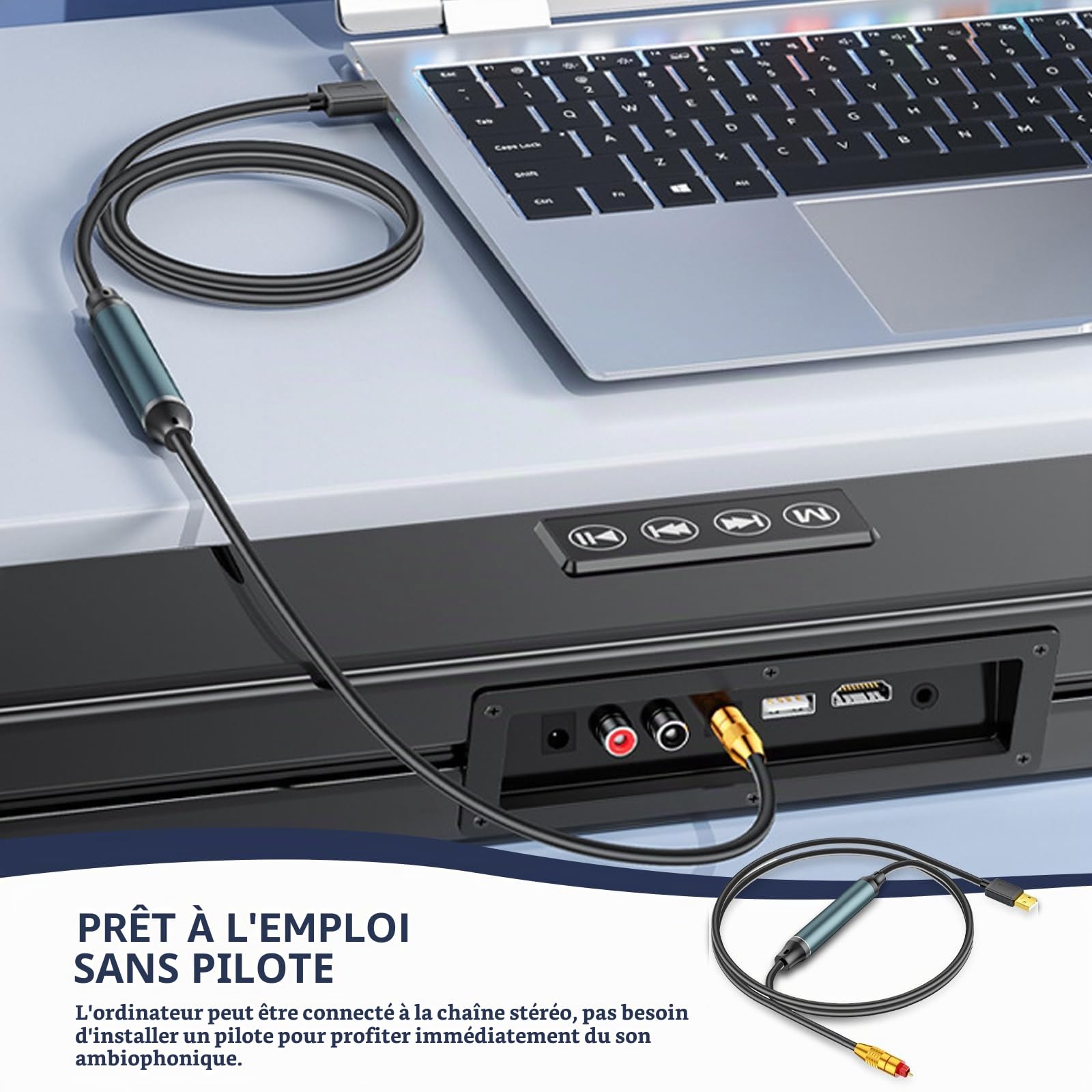 GOMETY Adaptateur audio USB-A vers fibre SPDIF Toslink, câble pour PS5/PC/ordinateur portable - Carte son Plug & Play, Noir