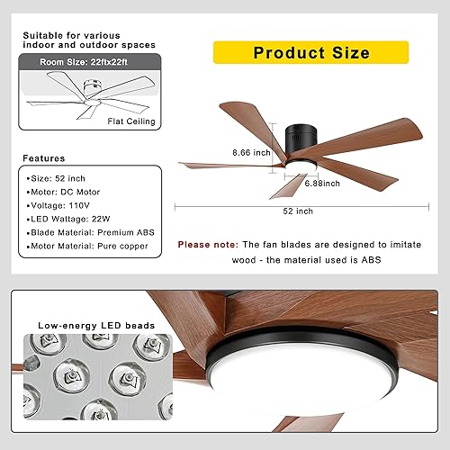 Vista 6 de Ohniyou 52” Flush Mount Farmhouse Ceiling Fan with Lights, Remote & APP Control Low Profile Indoor Outdoor Ceiling Fans, Dimmable, Quiet DC Motor