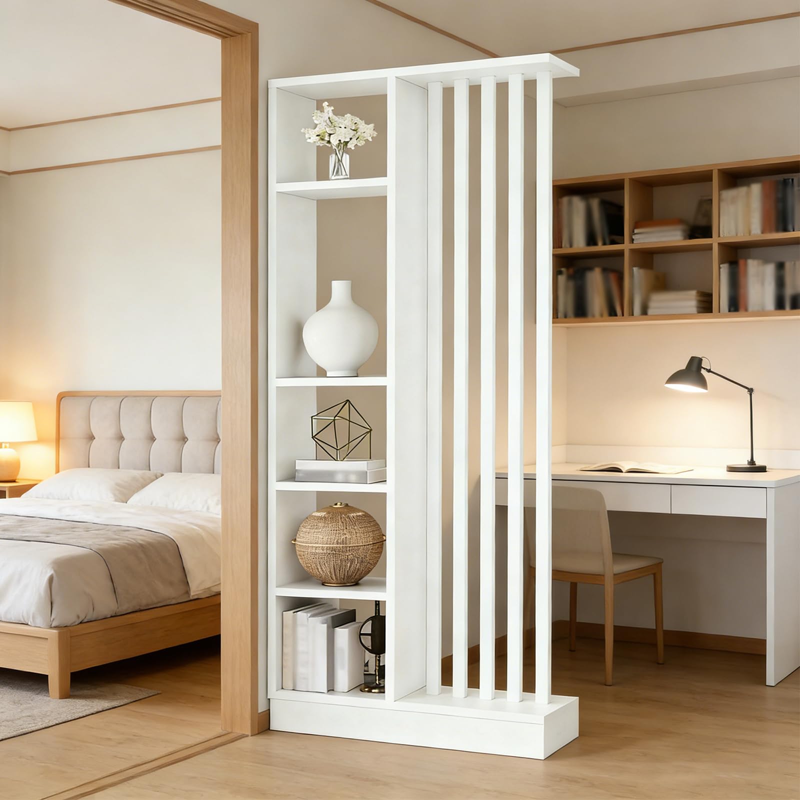 Dispissione della sala da parete con scaffale di stoccaggio, schermata della partizione dell'ingresso pavimento al soffitto, realizzato in legno massiccio, facile da assemblare (B White+White, 80cm)