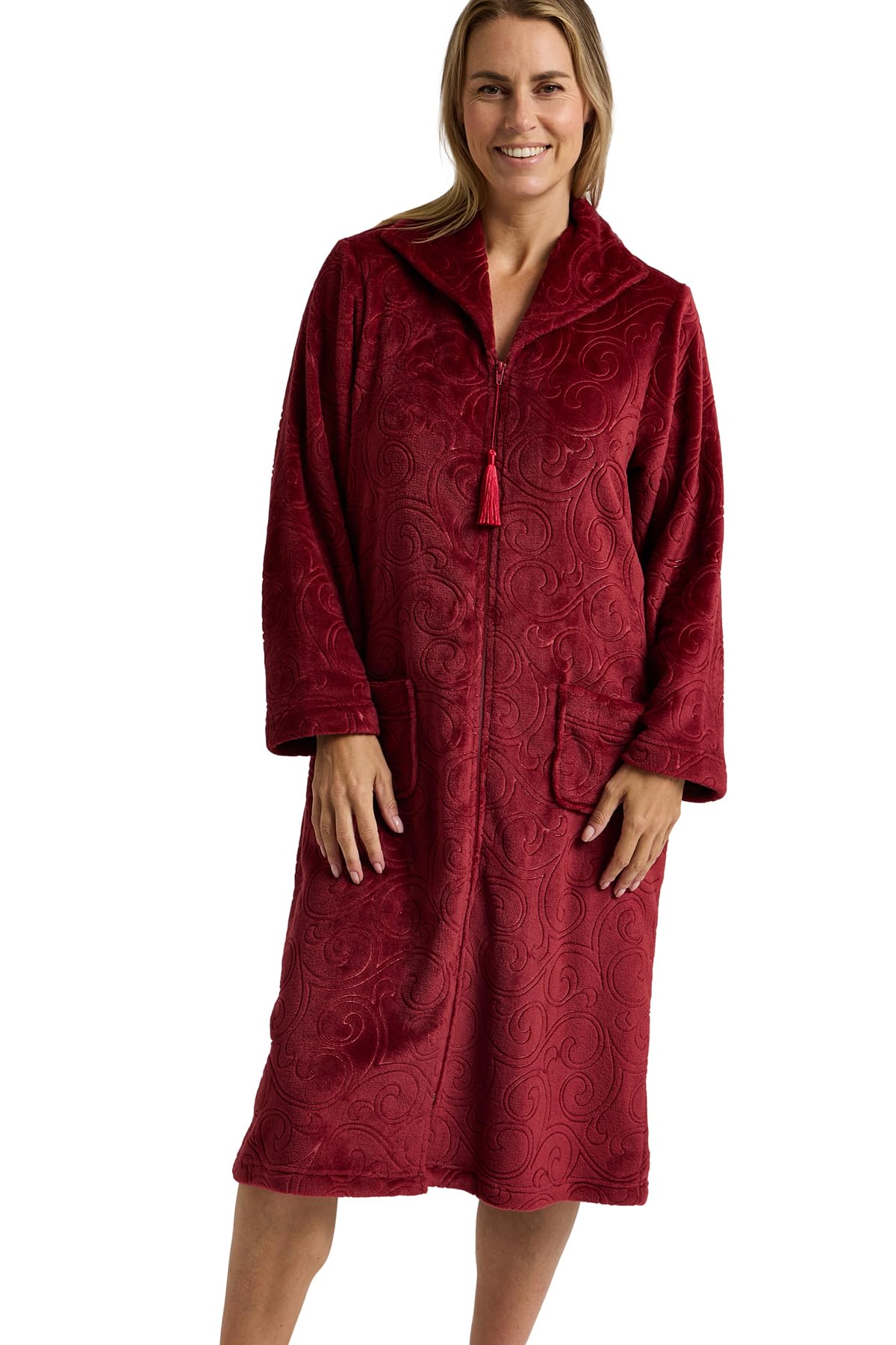 Marlon Womens Serena Zip Front Embossed Fleece Housecoat Zip Up Bath Robe, Claret Swirl, M