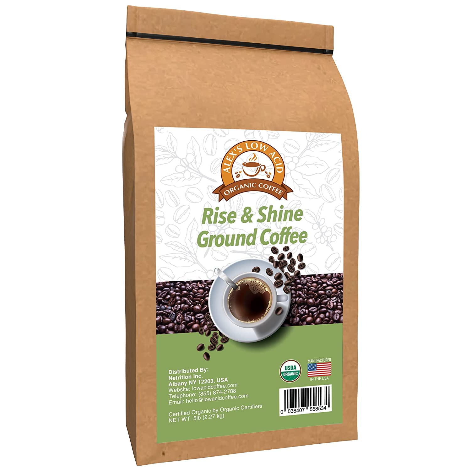 Alex's Low Acid Organic Coffee 5lb Bag - Rise and Shine Fresh Ground
