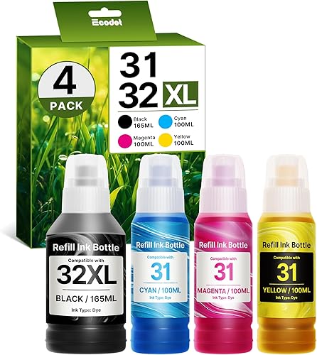 Juego de botellas de tinta de repuesto 31 32XL (paquete de 4) para HP 32XL 31 botellas de tinta compatibles con HP Smart Tank 5000 7301 7001 7602