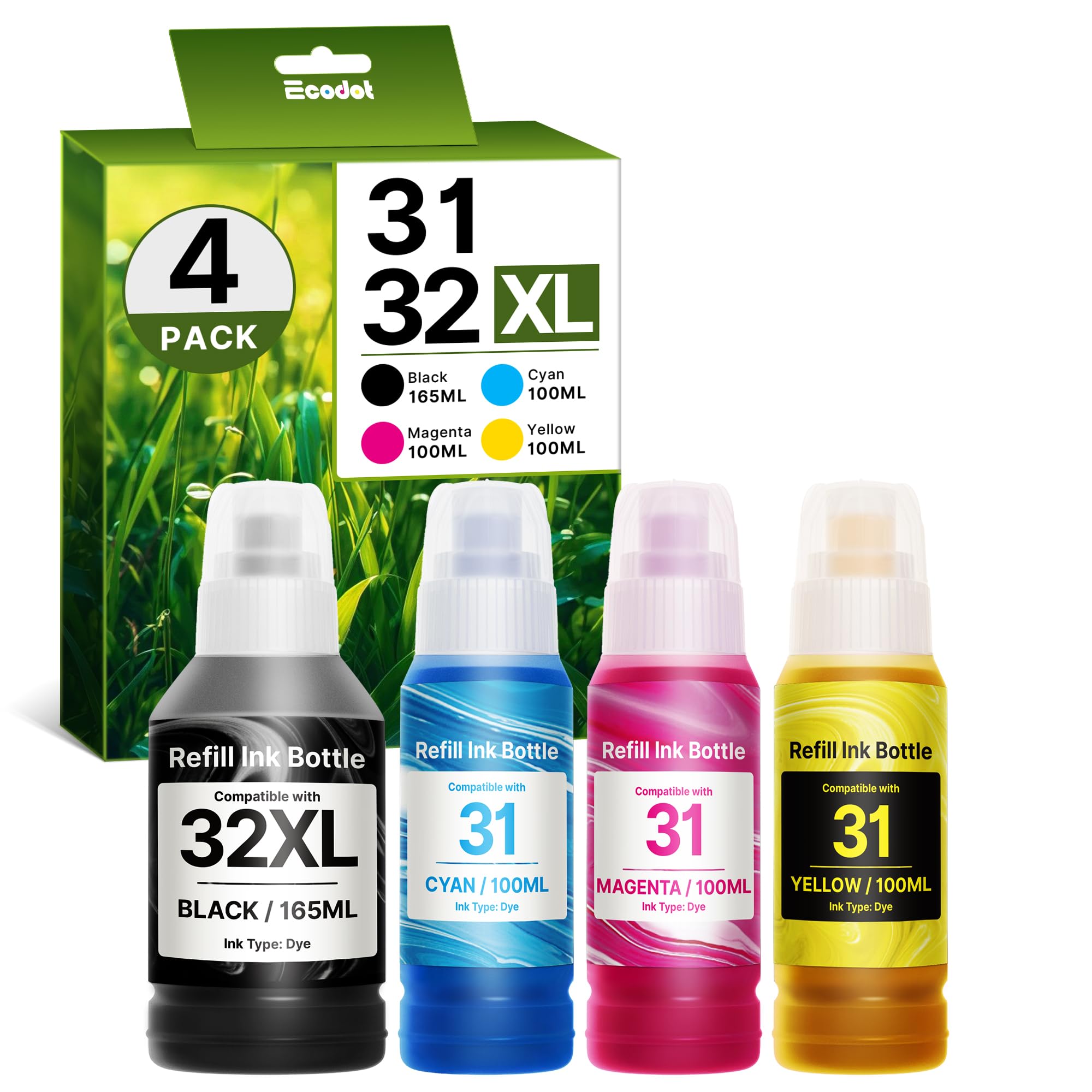 31 32XL Refill Ink Bottle Set (4 Pack) for HP 32XL 31 Ink Bottles Set Compatible with HP Smart Tank 5000 7301 7001 7602 6001 5101 7302 7601 6002 5103 5102 Plus 651 551 755 757 455 457 450 Printers