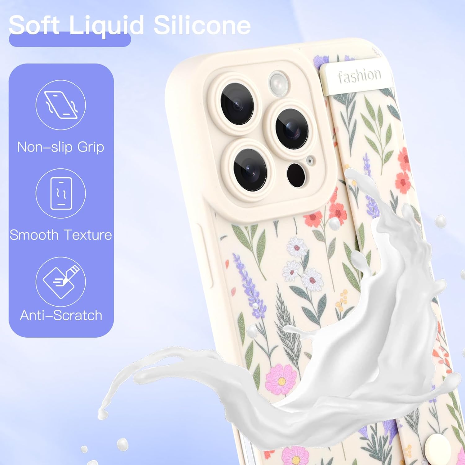 AIGOMARA for iPhone 16 Pro Case with Strap for Women Girls, Cute Floral Flowers Pattern, Soft Wirstband Kickstand Silicone Protective Cover, White - Image 5