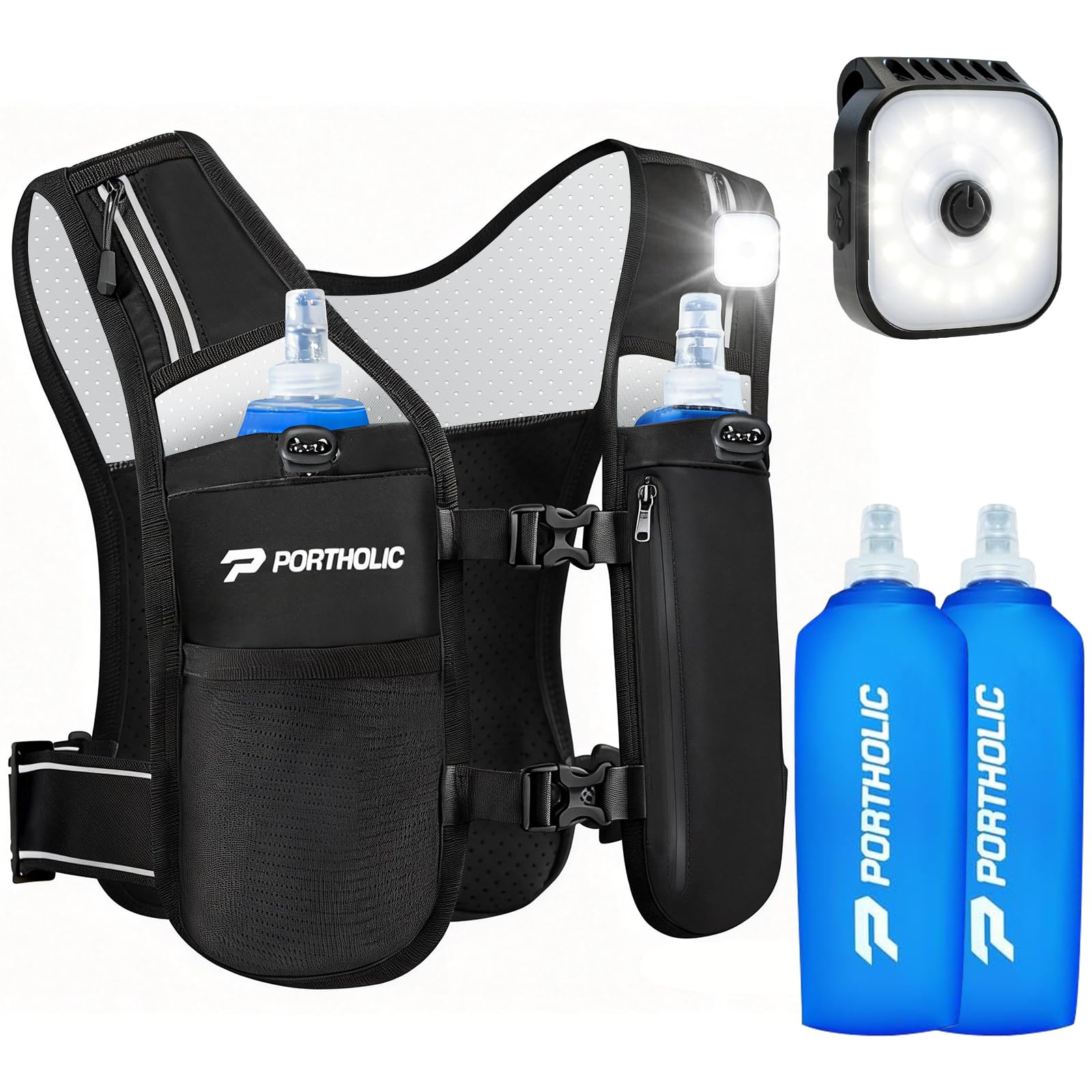 PORTHOLIC Laufweste Damen Herren Trinkweste mit 2 x 500 ml Trinkflasche, LED-Leuchte, 360° Reflektierend, wasserdichter Handytasche,leicht und verstellbar für Joggen, Trailrunning, Wandern, Marathon