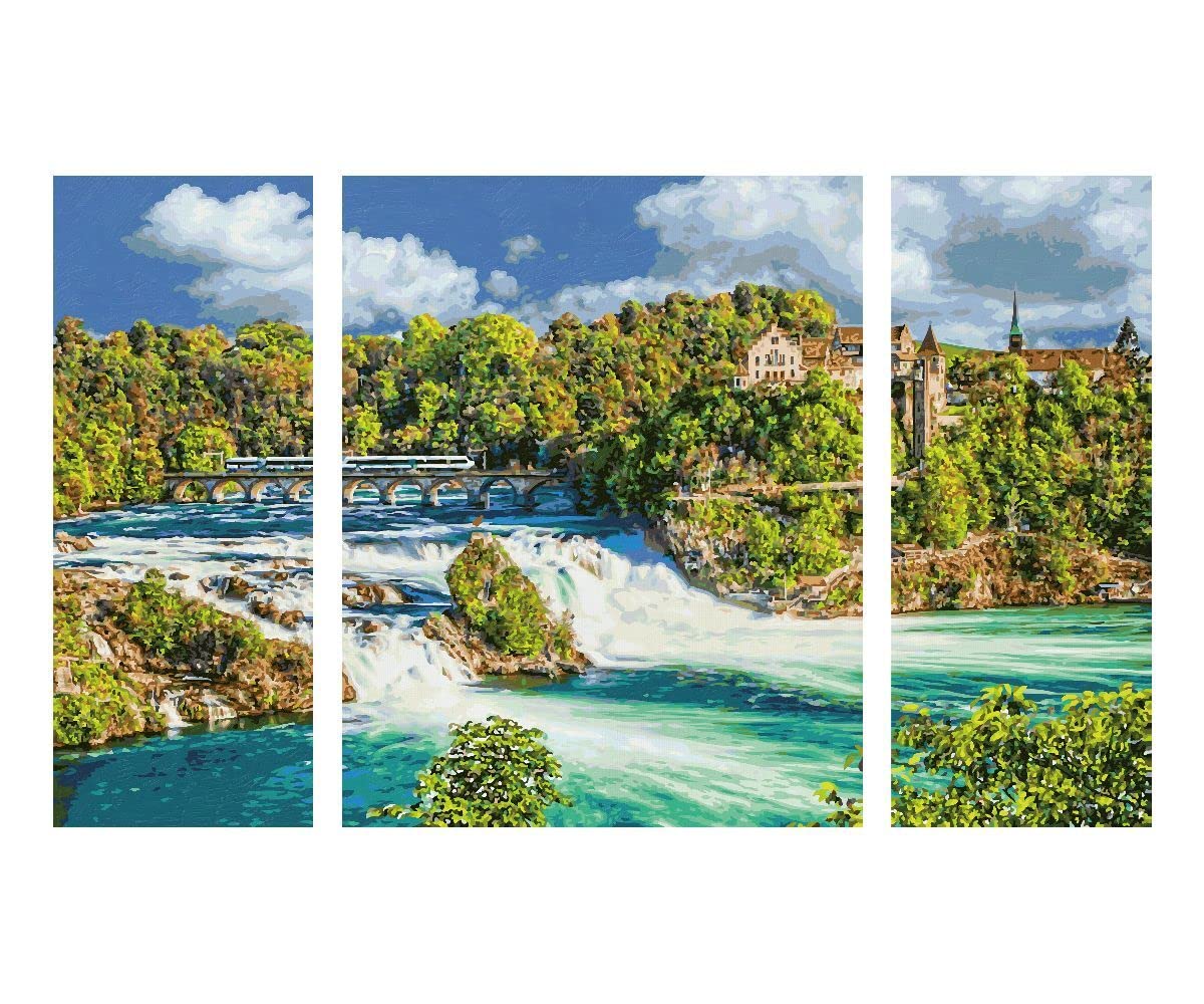 Schipper 609260888 Dipingere con i Numeri, Spettacolo Naturale Rheinfall, Pittura per Adulti, Inclusi pennelli e Colori acrilici, trittico, 50 x 80 cm