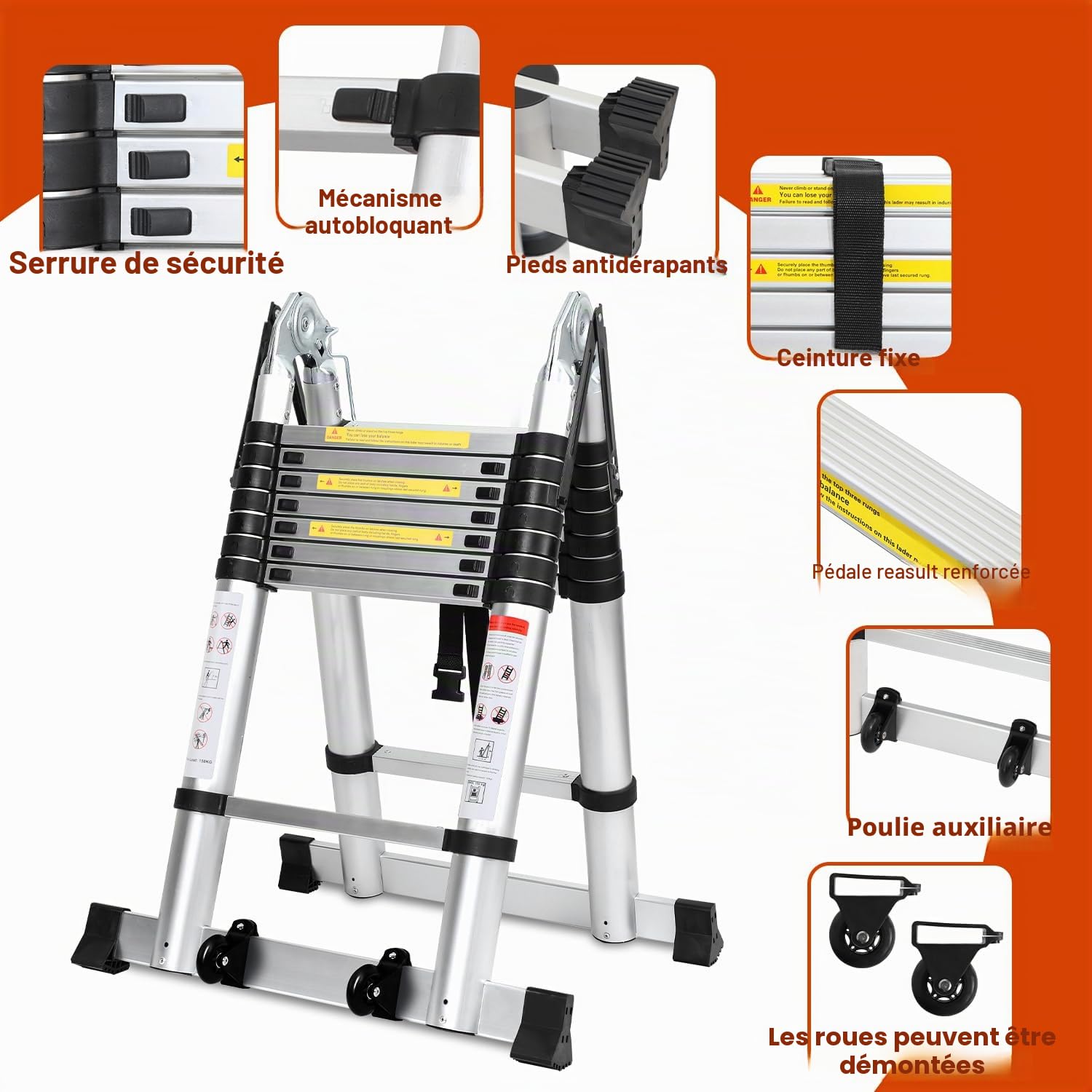 Échelle télescopique de 5 m (2,5 m + 2,5 m), en Aluminium, Extensible, avec roulettes Amovibles et stabilisateurs, Portable, Cadre en A, Multifonction, Charge maximale : 150 kg (argenté)