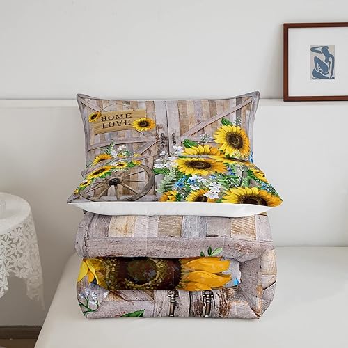 Miniatura 5 de Juego de edredón de girasol, tamaño matrimonial, juego de ropa de cama rústica de granja con flores de primavera, juego de edredón de 3 piezas para