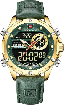 NAVIFORCE Mens Military Digital Watch Japanese Quartz Movement Analog Quartz Waterproof Watch Sport Multifunction Leather Wrist Watch Gold Green , Digital, Quartz Movement