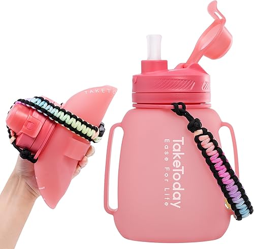 TakeToday Botellas de agua plegables motivacionales de 40 onzas con pajilla y mango de paracaídas, botella de agua deportiva de silicona de 1.2 L