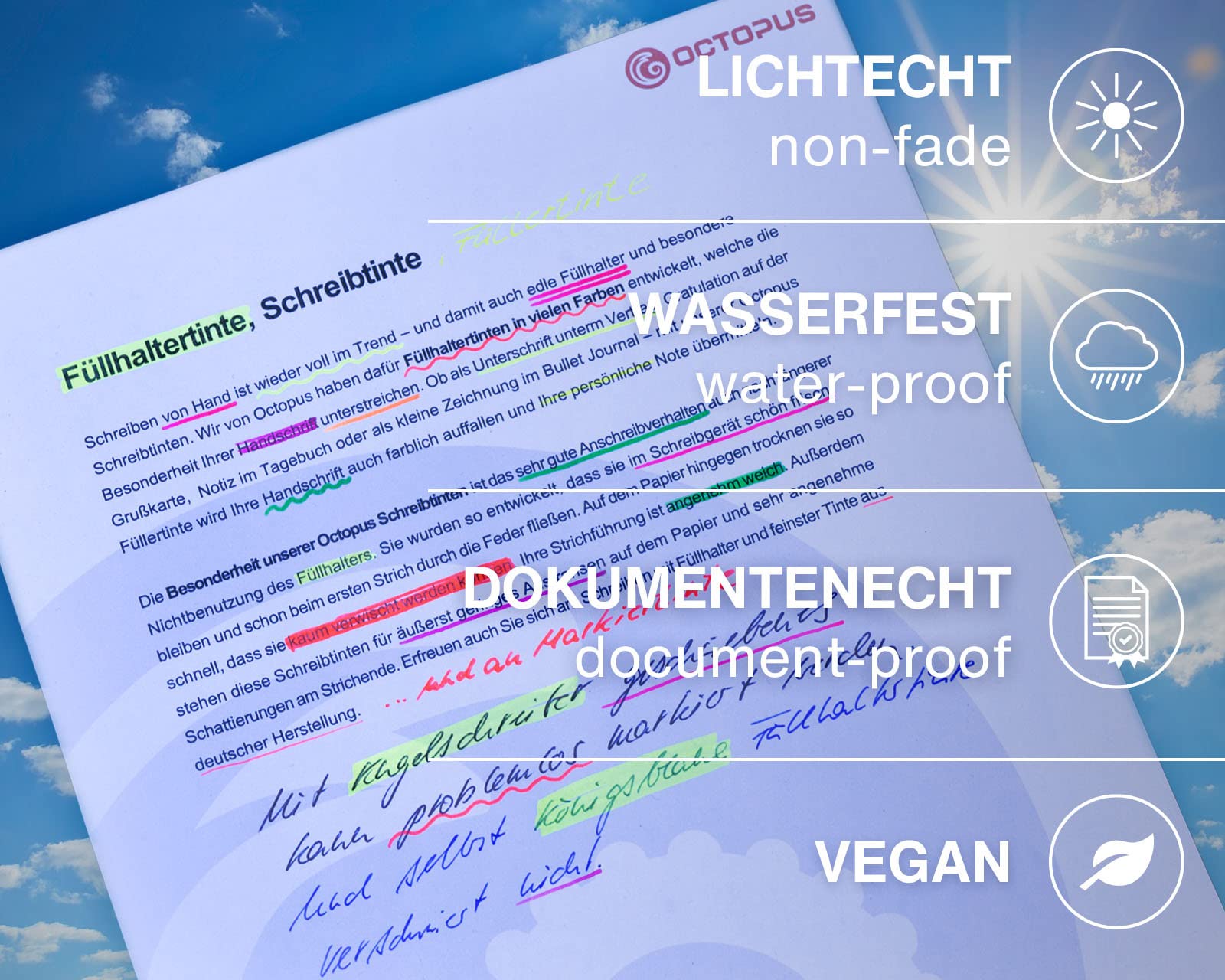 Octopus Fluids Neon-Textmarkertinte für Füllhalter, 6 x 30 ml | Sechs Neonfarben, pigmentiert und lichtecht, zum Markieren und Schreiben, fluoreszierend unter UV-Licht