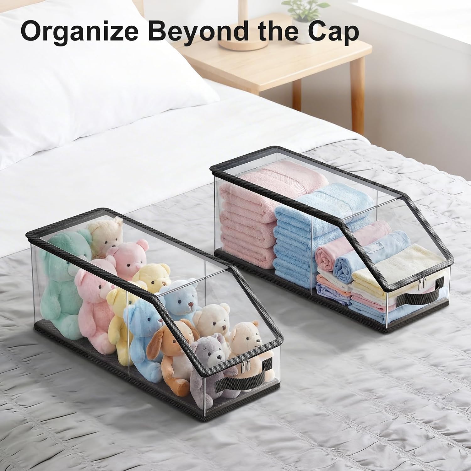 2 Pack Stackable Hat Storage Box, Clear Closet Hat Organizer for Baseball Caps Hold 24 Caps, Space Saving Hat Box Display (Black)