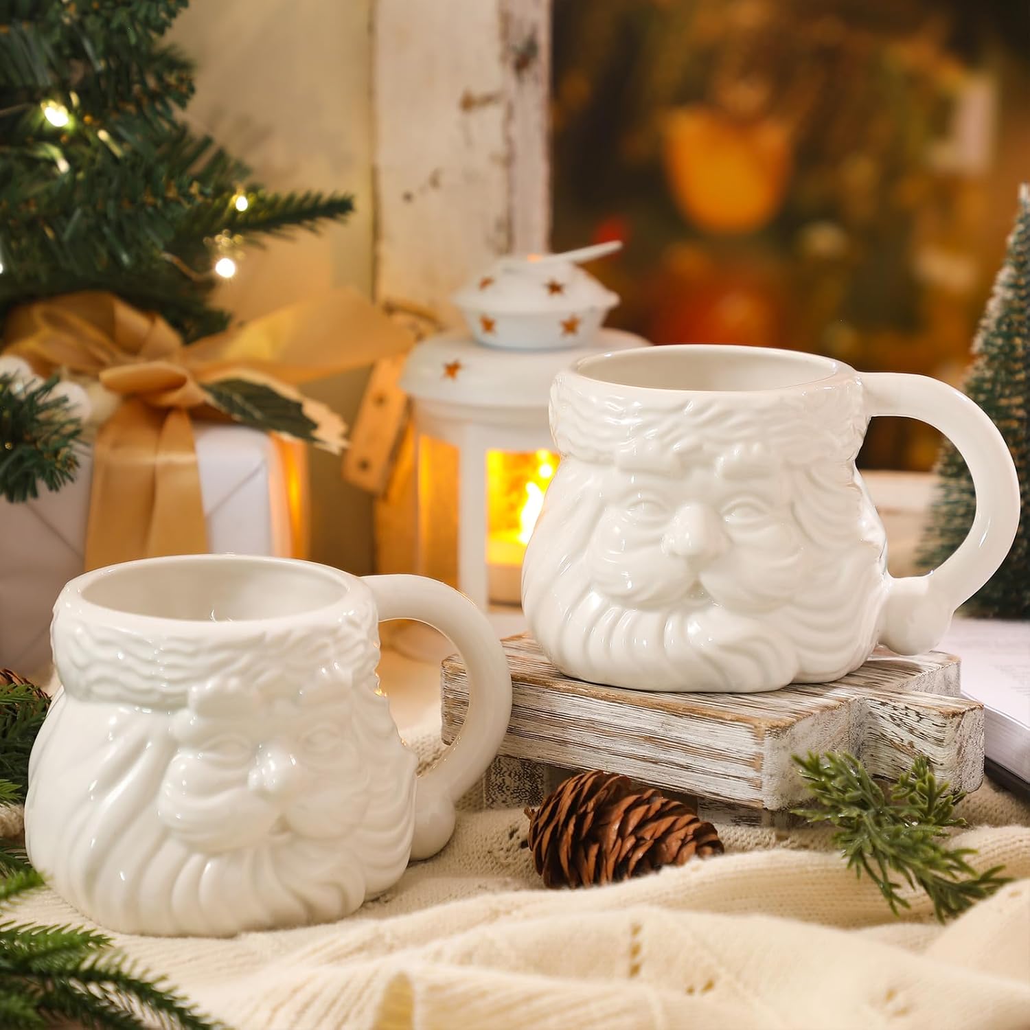 2 Pcs Santa Claus Mugs 16 oz Ceramic Christmas Coffee Cups 3D White Holiday Gift Mug Santa Face Cups for Cocoa Milk Tea Latte Christmas Drinkware for Couples Vintage Festive Holiday Decor - Image 5