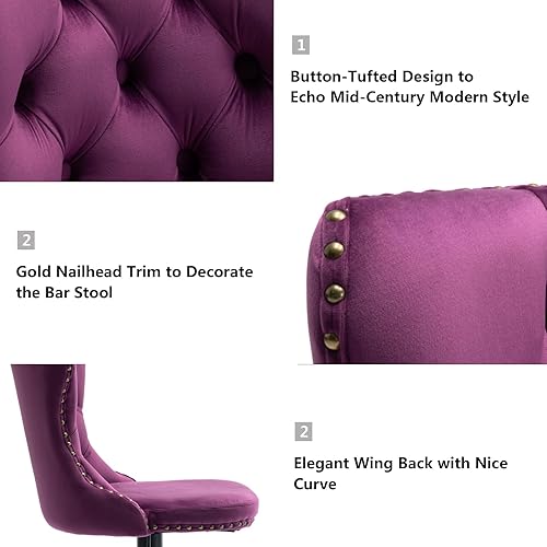 Miniatura 63 de Aoowow Juego de 2 taburetes de bar giratorios ajustables con respaldo de terciopelo copetudo, sillas de bar modernas tapizadas con cabeza de clavo