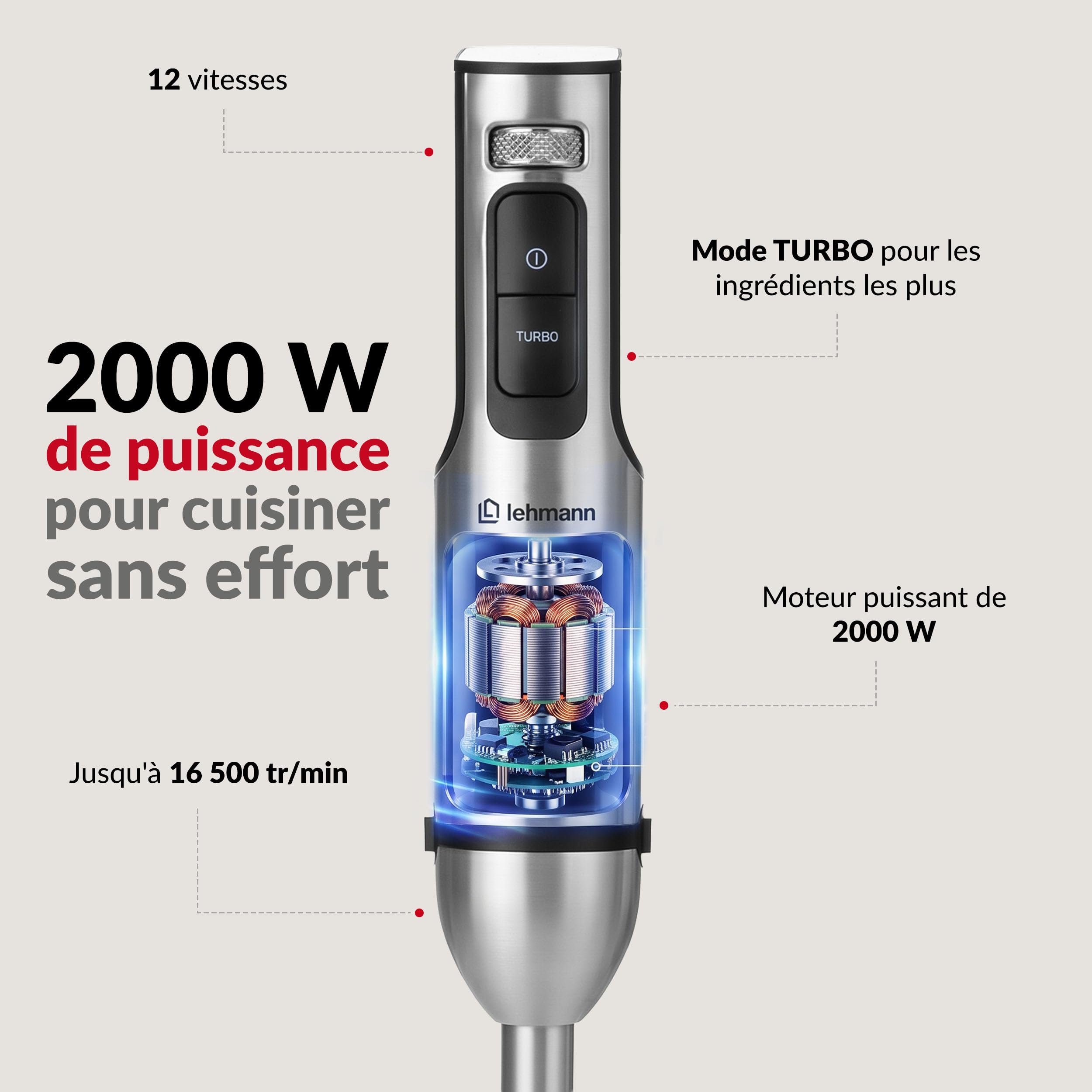 LEHMANN Mixeur Plongeant Multifonction 10 en 1, 2000 W, 12 Vitesses et Turbo, 12 Accessoires, Gobelet 800 ml, Hachoir 600 ml & 1500 ml, sans BPA, Écran Numérique Vitess, Protection Anti-rayure