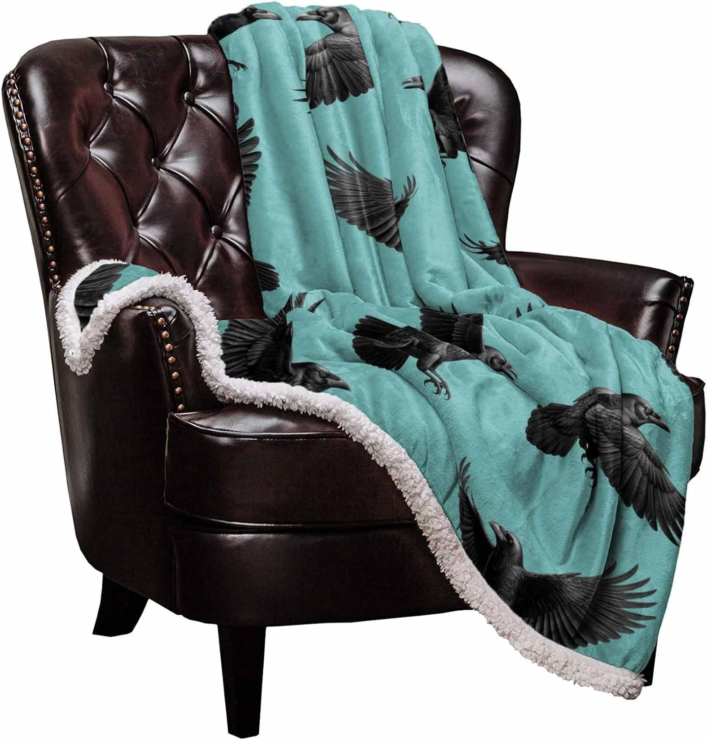 Savannan Sherpa Blanket Fleece Throw, Halloween Crow Raven Teal Green Soft Plush Fluffy Warm Lightweight Flannel Blanket for Bed Couch All Season Use, 50"x80"