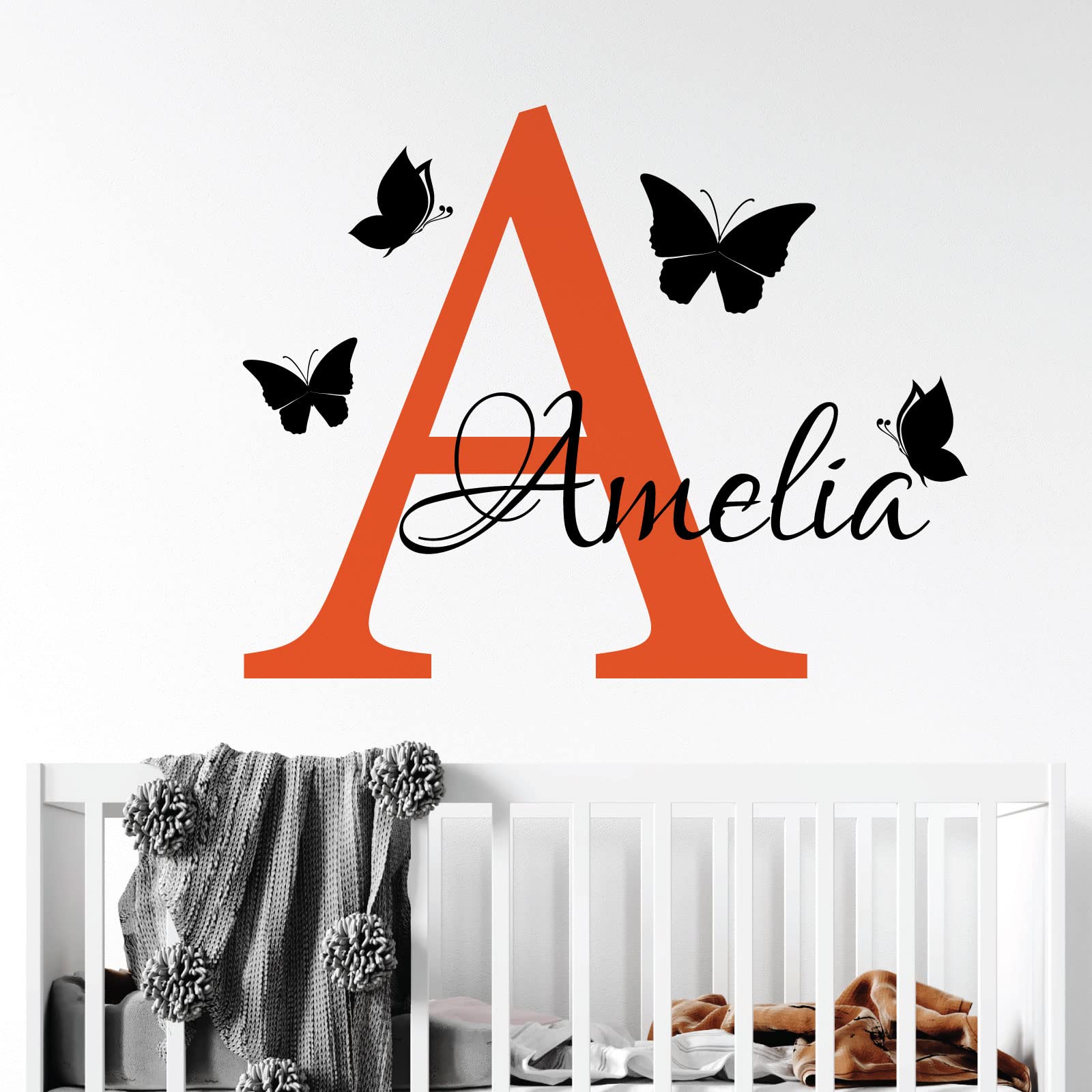 Personalised Name - Initial Letter and Butterflies - Baby Nursery Vinyl Wall Decal Sticker [Medium] [Orange] — image 1