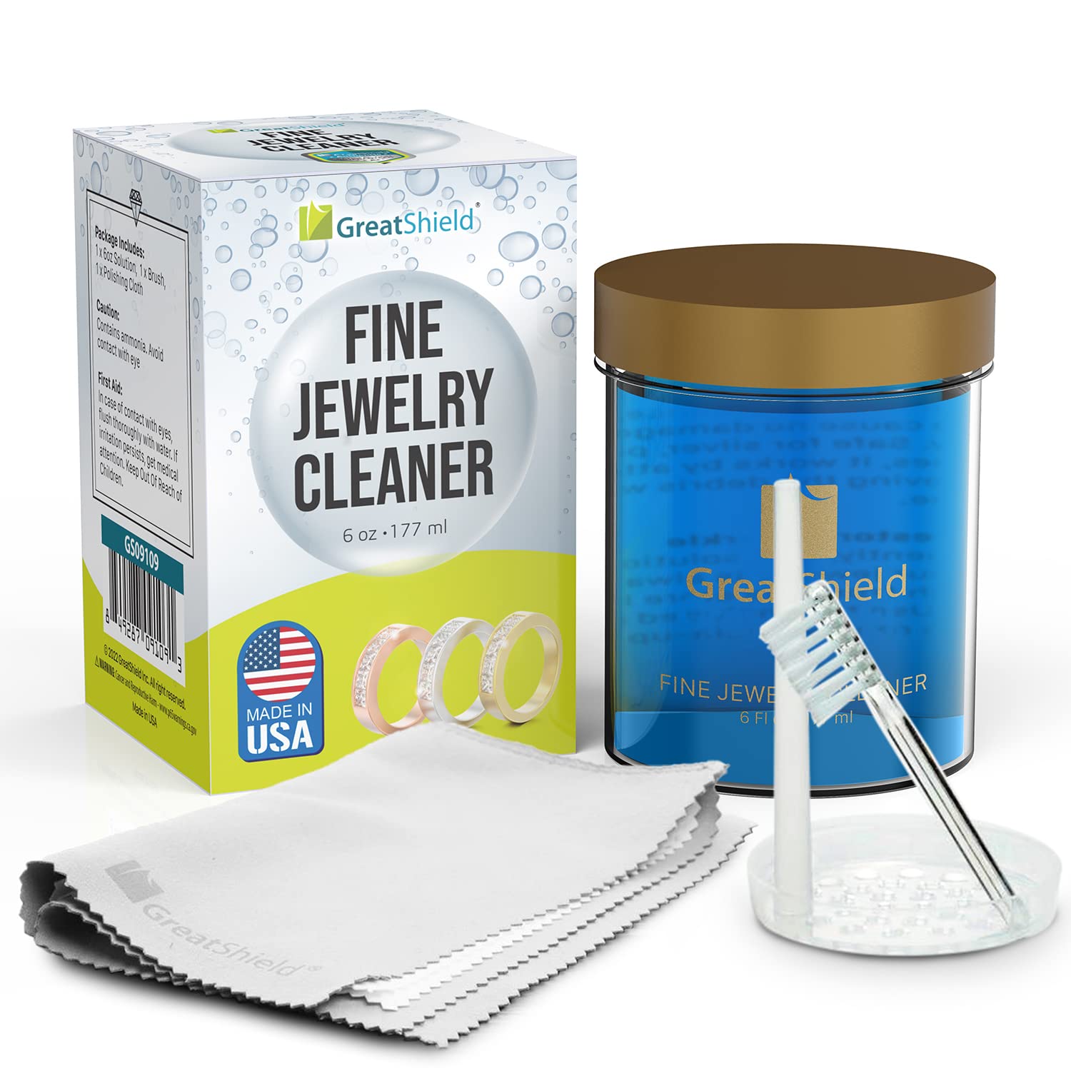 Fine Jewelry Cleaner Solution Kit with Cleaning Brush, Polishing Microfiber Cloths and Basket, Suitable for Gold, Platinum, Titanium, Diamond, Crystal, Bracelet, Rings, Necklace, Earrings
