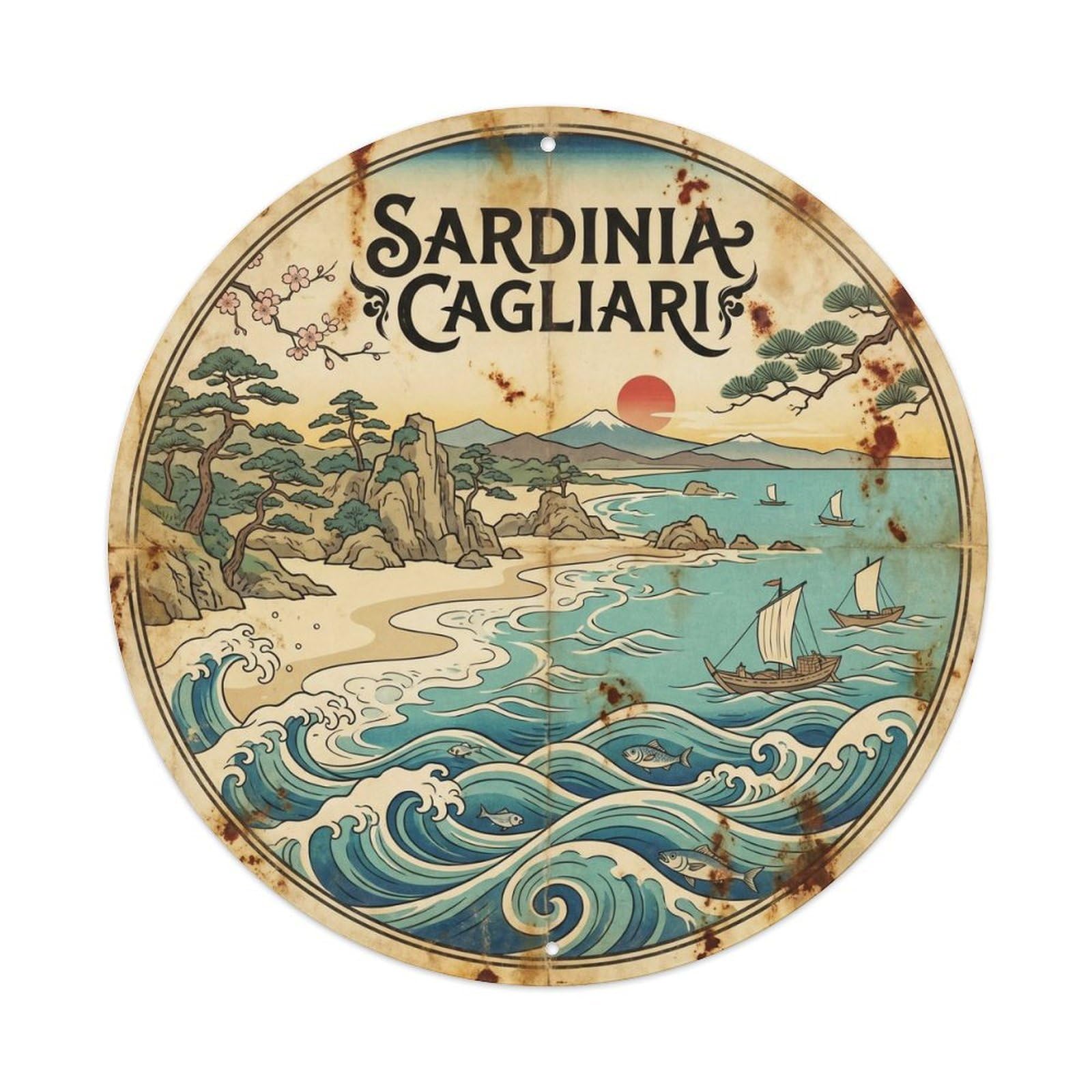 Sardinia Cagliari Seaside Heritage Vintage Woodcut Metal Tin Sign