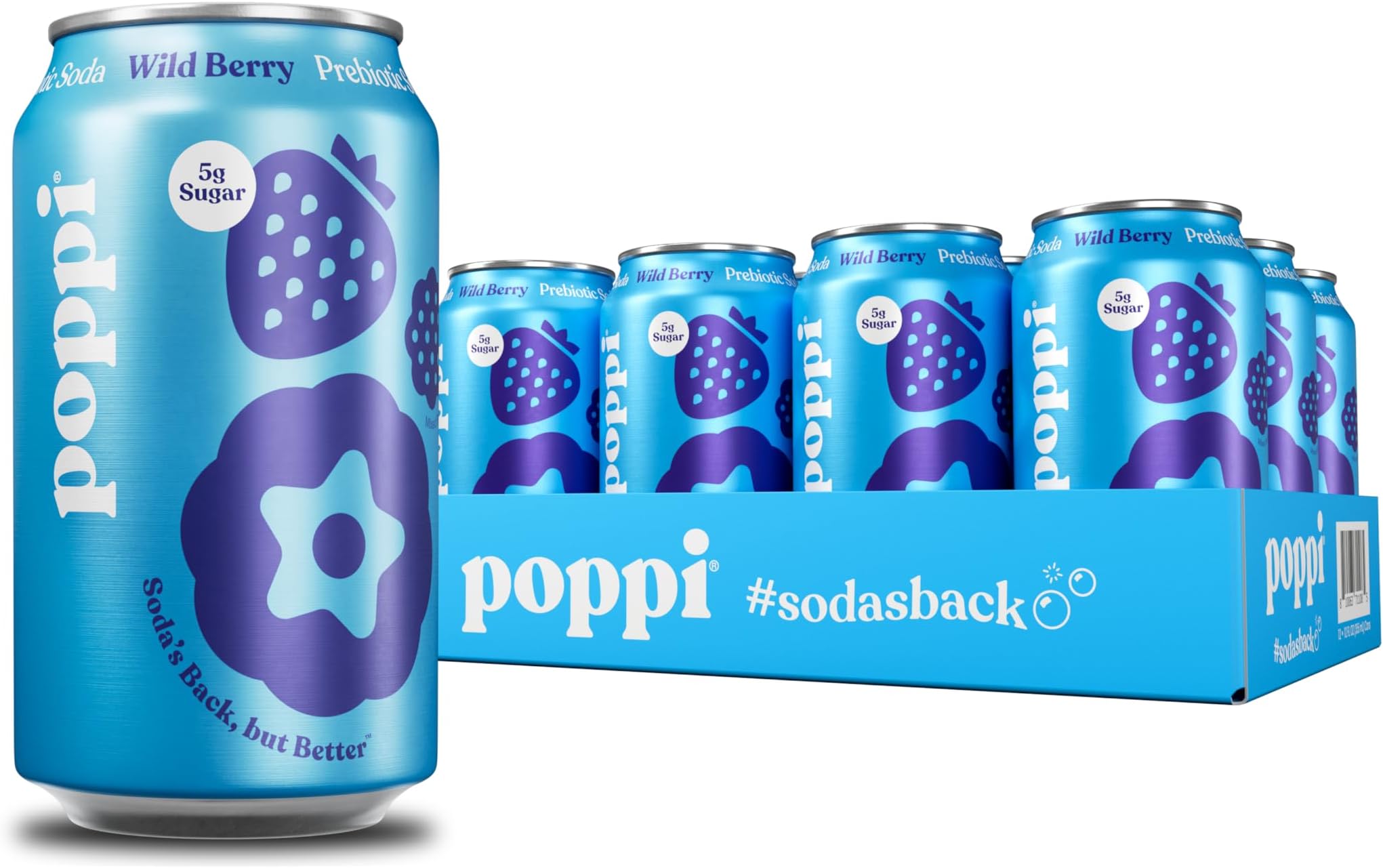 Poppi Sparkling Prebiotic Soda Beverage with Apple Cider Vinegar, Seltzer Water and Fruit Juice, Wild Berry Flavor, 12 oz, Pack of 12, Packaging May Vary.