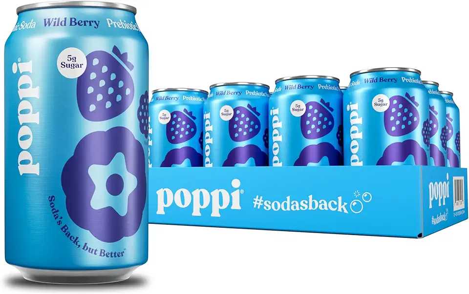 POPPI 12oz Sparkling Prebiotic Soda, Beverages w/Apple Cider Vinegar, Seltzer Water & Fruit Juice, Wild Berry, (12 Pack)