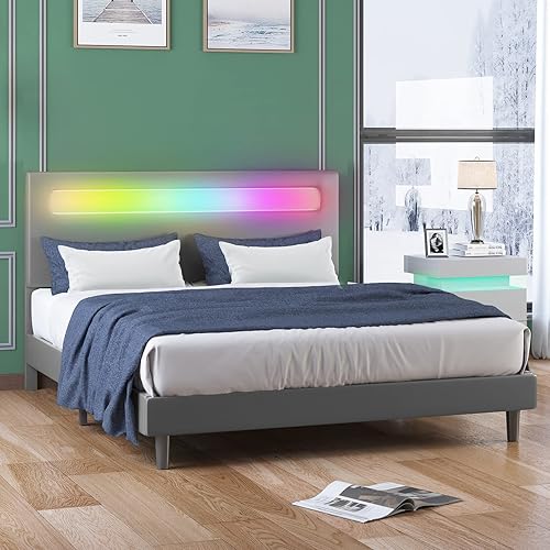 BALUS Base de cama LED tamaño Queen con cabecera ajustable, marco de cama tapizado Queen con tira de luces LED, control de aplicación compatible con
