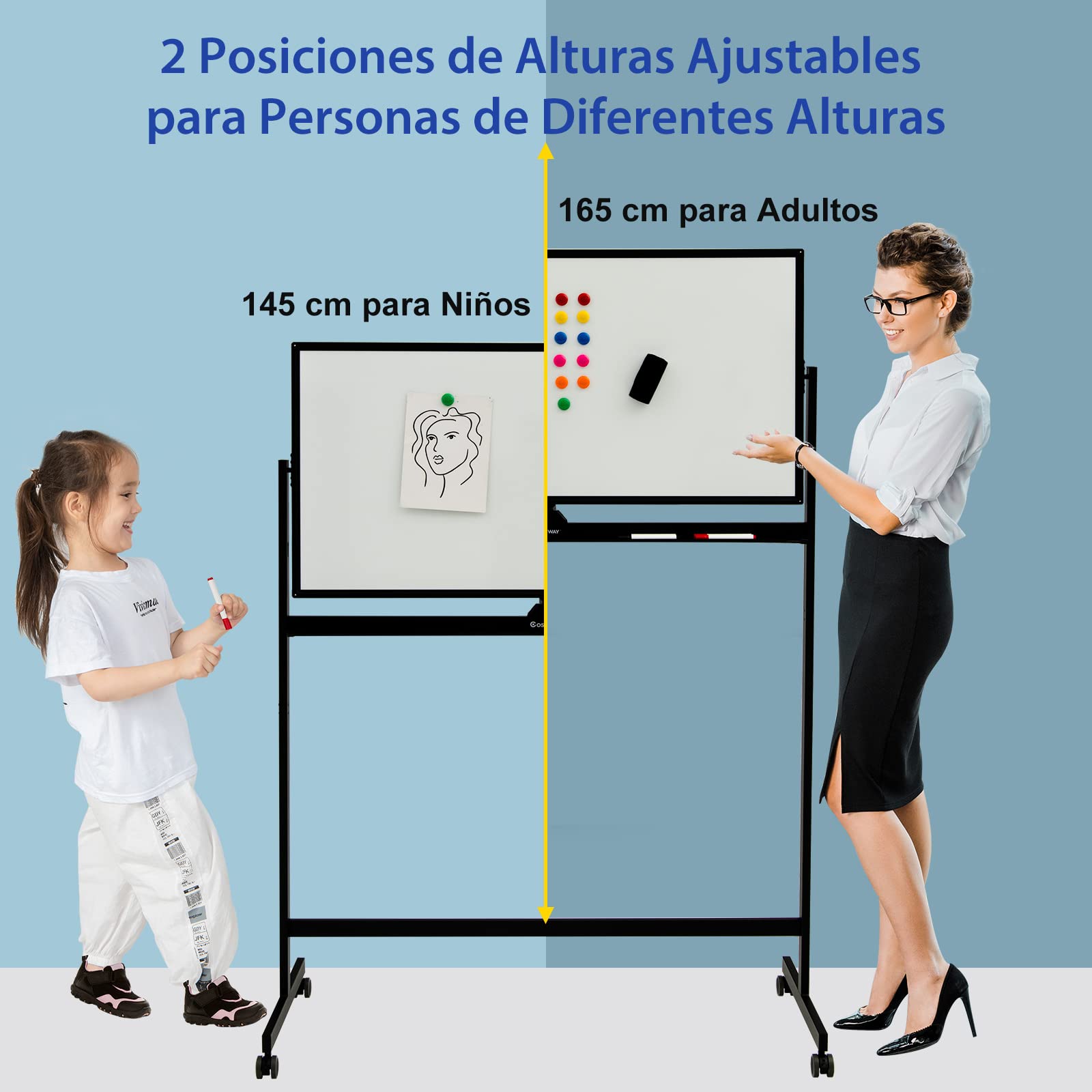COSTWAY Pizarra Móvil Magnética Doble Cara 120x60 cm con Ruedas, Ajustable