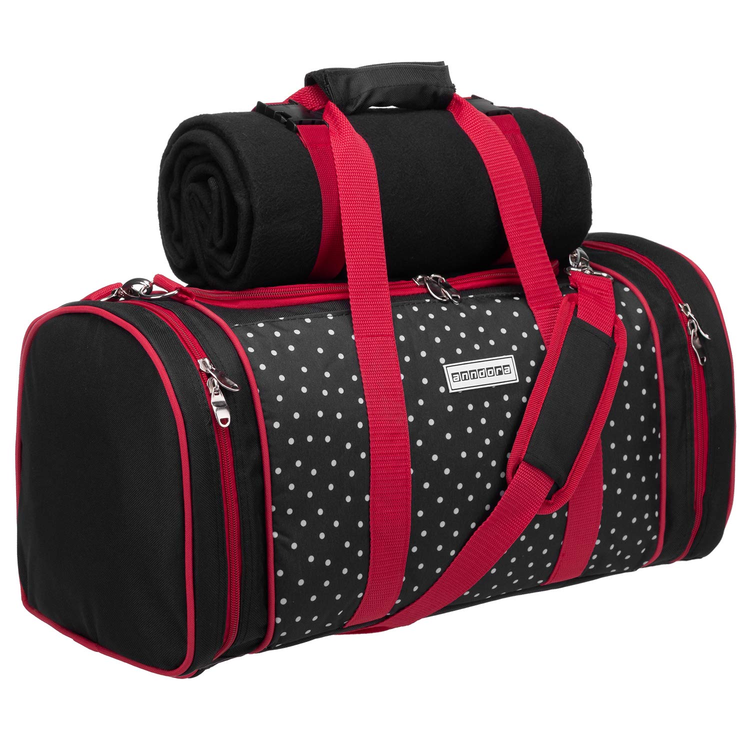 anndora Picknick Kühltasche + Decke + Zubehör schwarz weiß gepunktet