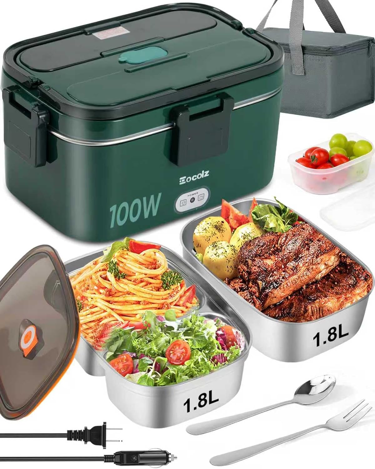 Eocolz Electric Lunch Box Food Heater 100W, Food Warmer with Dual Container 1.8L Portable Heated Lunch Box for Car Truck Work Stainless Steel Fork & Spoon 12/24/110V for Adults Lonchera Eléctrica