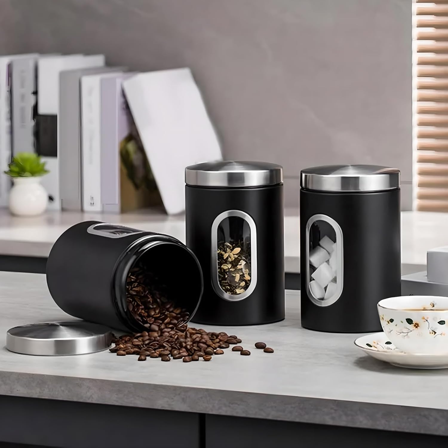 3 PCS Kitchen Storage Canisters, Stainless Steel Containers With Lids And Spoons, Storage Jars With Window for Tea, Coffee Sugar, Nuts, Cereal(Black)