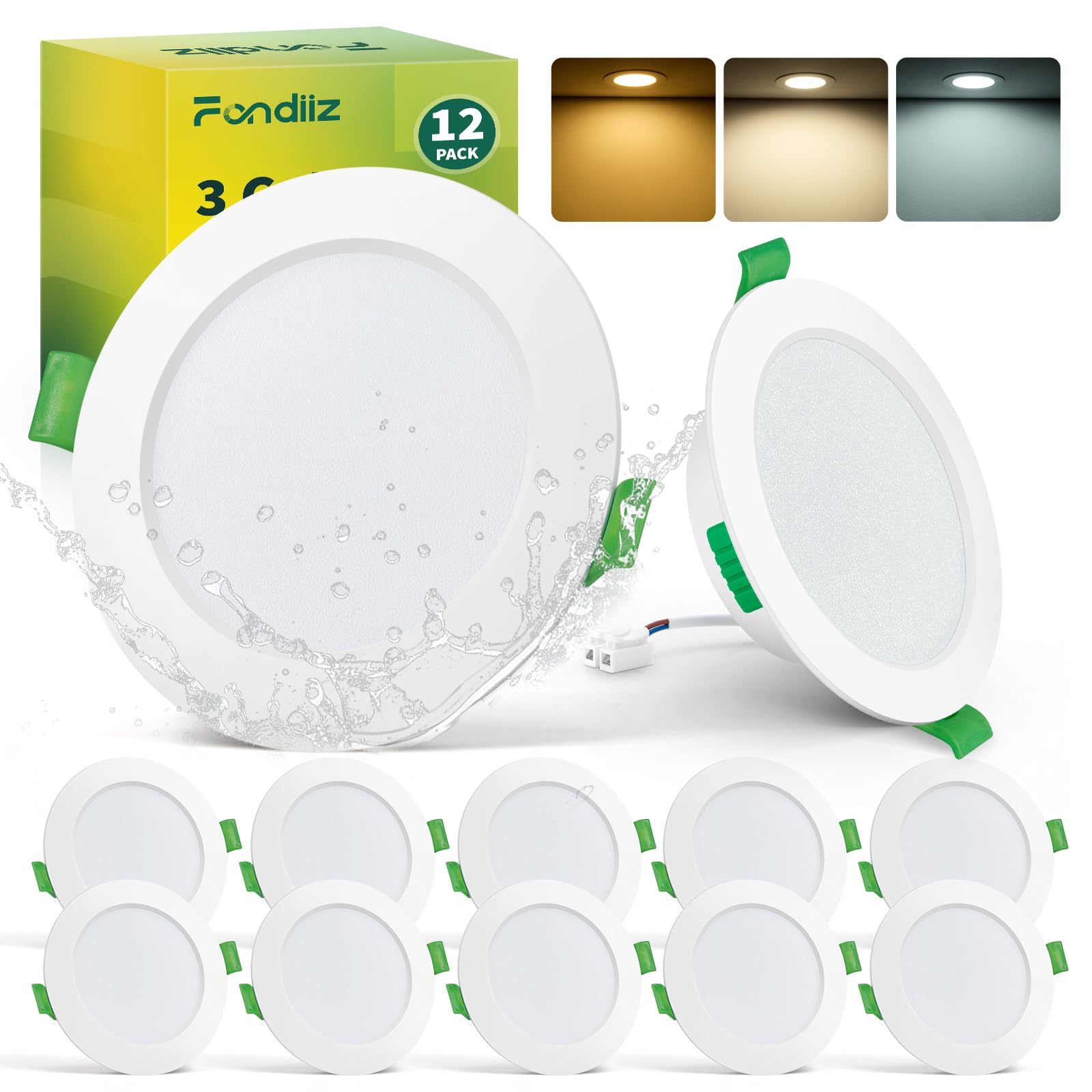 Fondiiz LED Einbaustrahler 230V 68mm, 12er Set LED Spots Warmweiß Neutralweiß Kaltweiß, 5W 480LM Deckenspots Weiß, IP44 Spots Deckenleuchte Flach Einbauleuchten für Badezimmer Küche Wohnzimmer