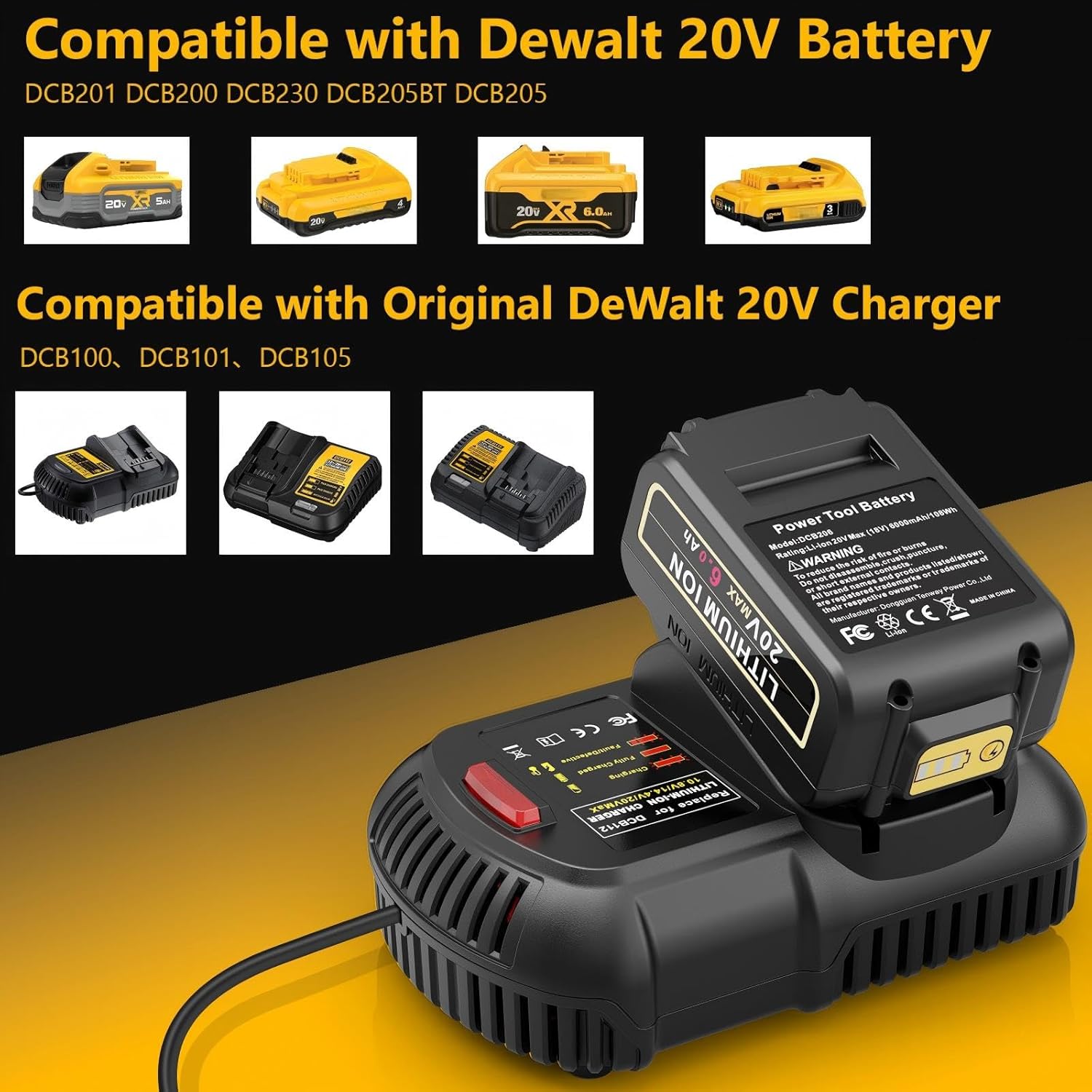 2 Packs 20V 6.0Ah Lithium Battery with DCB112 Fast Charger Combo Compatible for DeWalt 20V Max Battery DCB206 DCB205 DCB207, Compatible with DeWalt 20 Volt DCD/DCF/DCG/DCS Cordless Power Tools