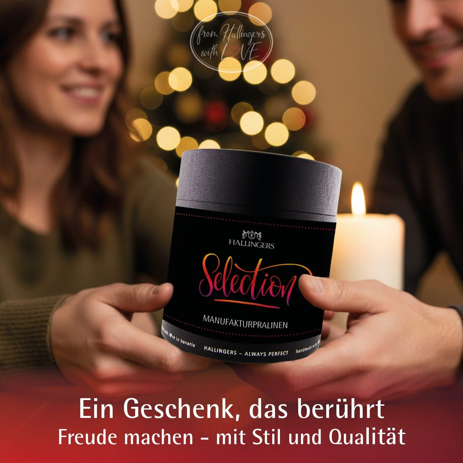 Hallingers Genuss Manufaktur Pralinen Geschenk - ohne Alkohol, handmade aus Confiserie-Edelkakao in wertiger XXL-Geschenkdose "Selection", Geschenkidee für Frauen Männer