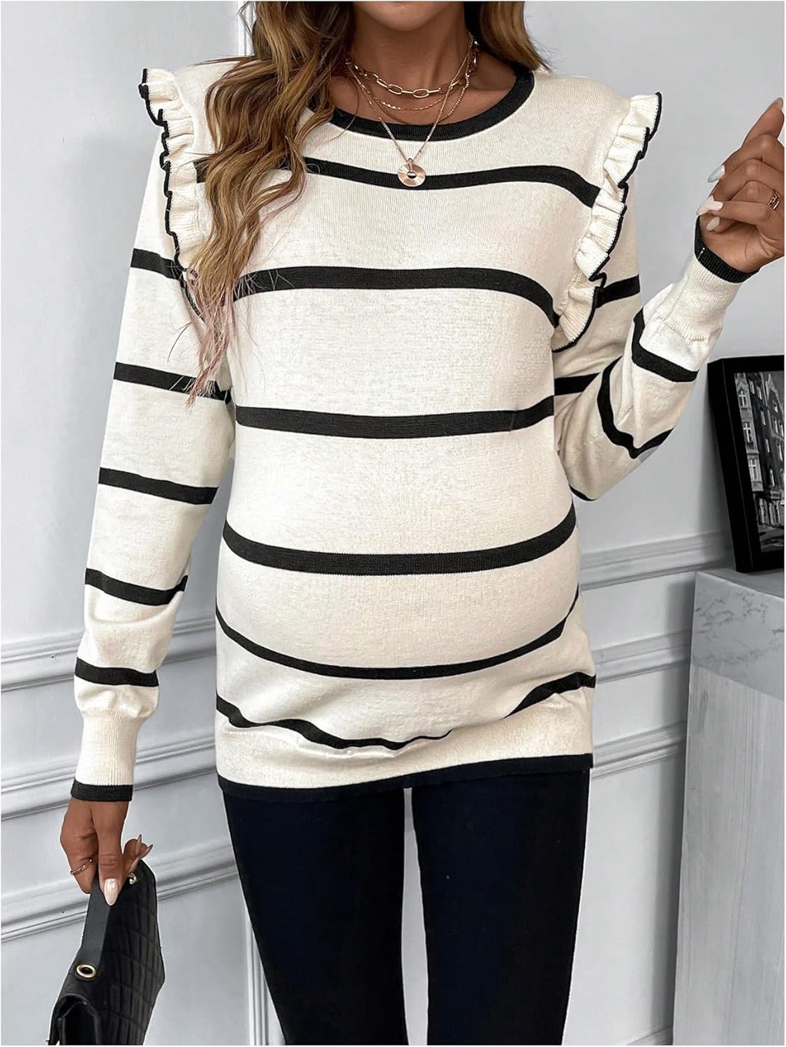 Women's Maternity Sweater Striped Pattern Round Neck Long Sleeve Ruffle Tops - Image 2