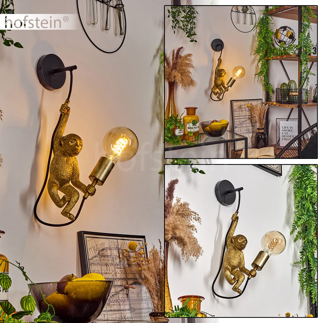 Wandleuchte Suardi, Wandlampe aus Metall/Kunststoff in Schwarz/Goldfarben, 1-flammig, 1 x E27, ohne Leuchtmittel, Wandspot im Retro/Vintage Design mit Figur eines Affen