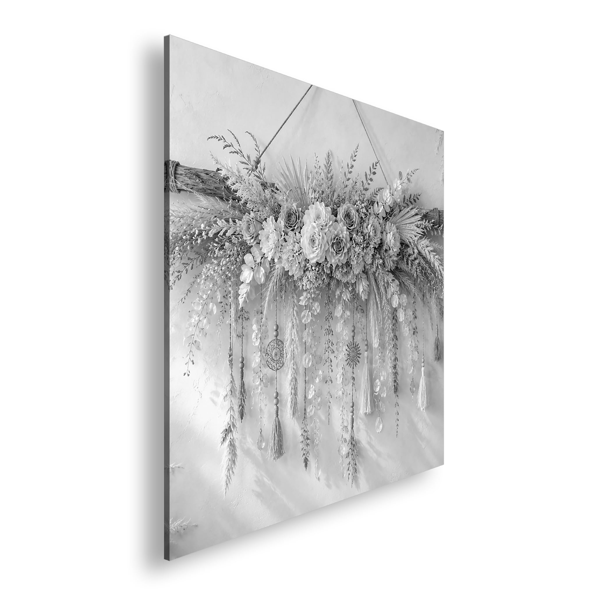 Leinwandbild Trockenblumen mit Hängedeko an Stab 70x70cm Schwarz&Weiß