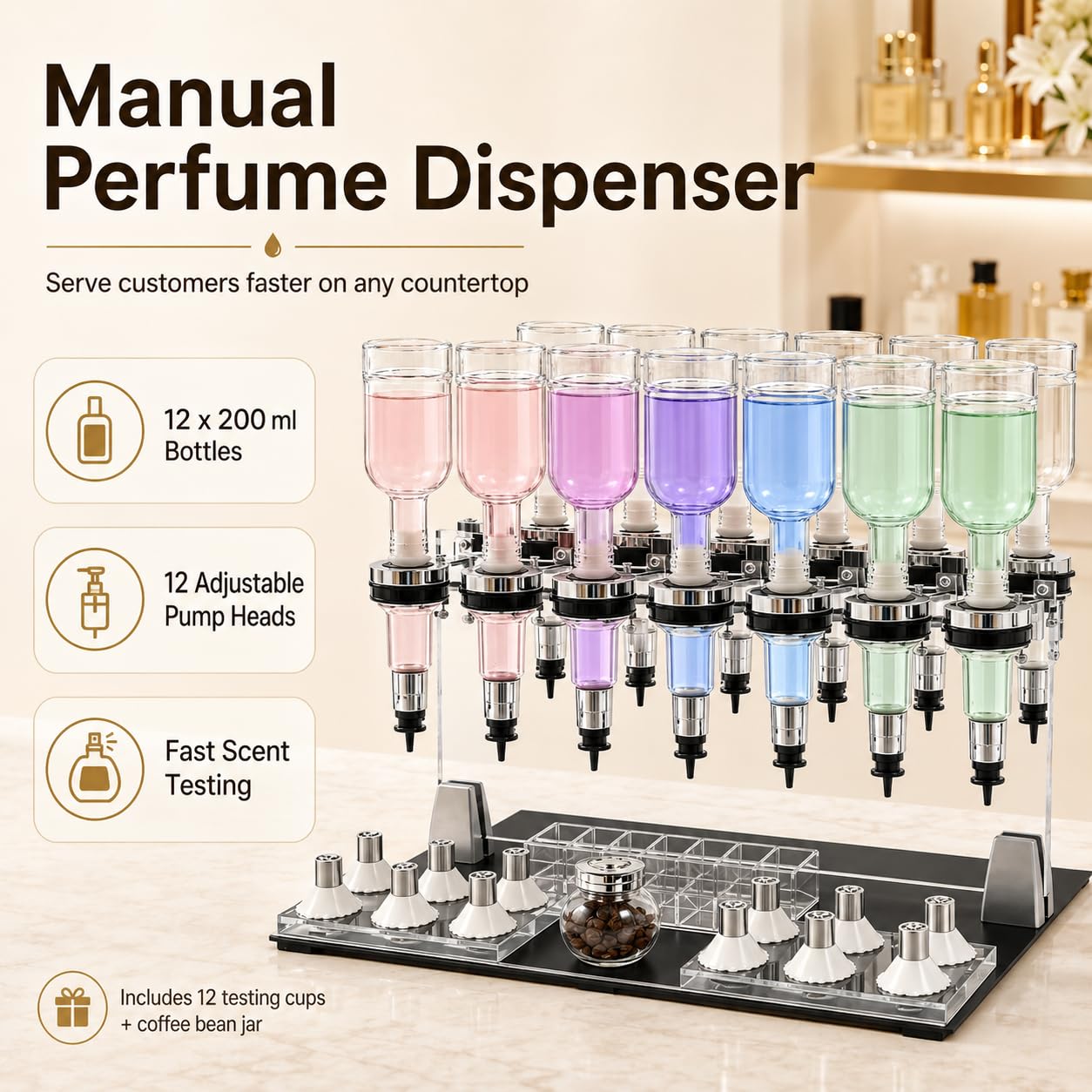 Espositore manuale per profumi, con 12 bottiglie da 200 ml, 12 testine regolabili e 12 tazze di prova, per bar e supporto da scrivania
