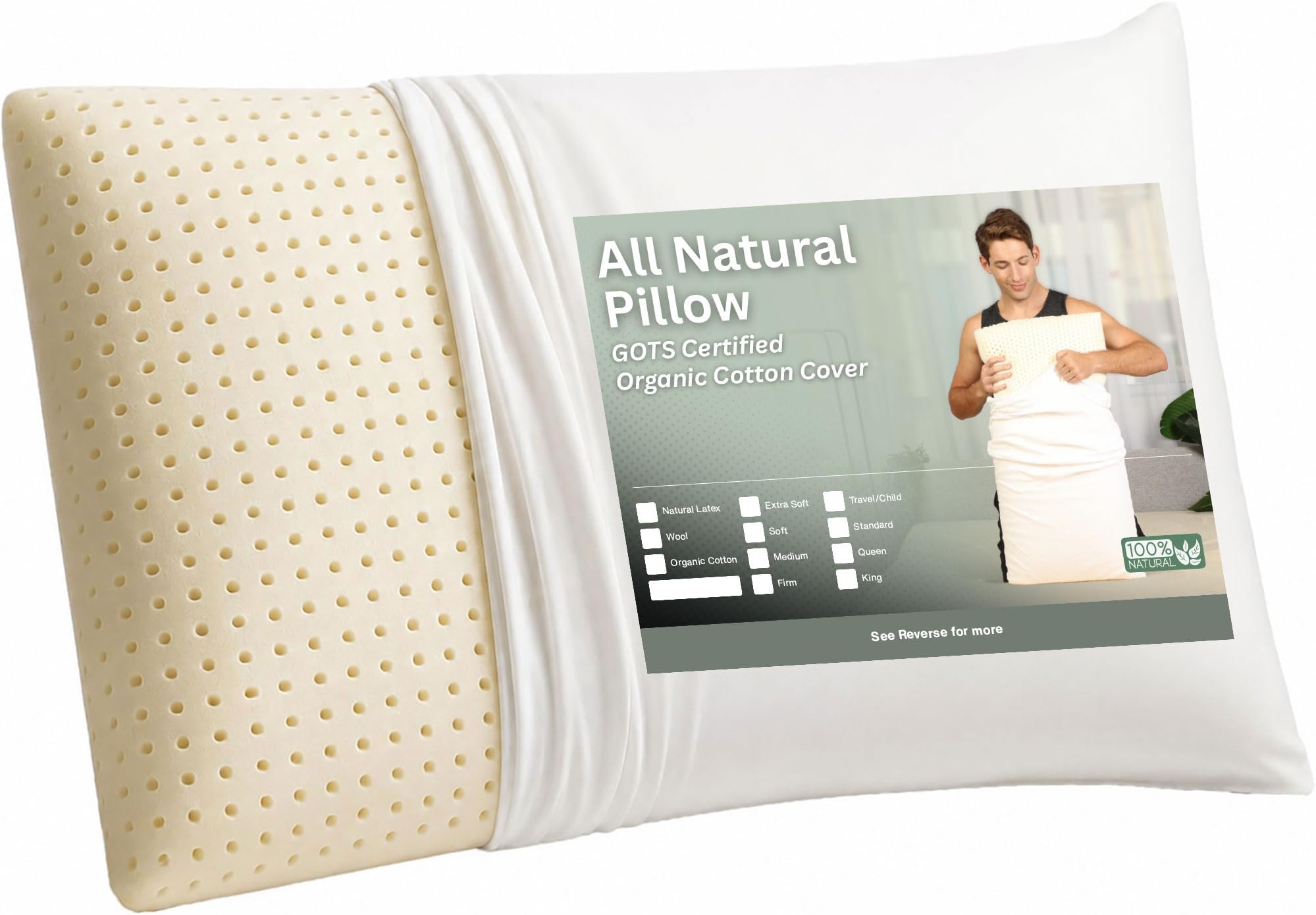 Organic Textiles 100% Talalay Latex Pillow with GOTS Certified Cotton Cover (Standard Size, Medium), Bed Pillow for Sleeping, for Back and Side Sleepers, Helps for Back, Neck and Shoulder Pain